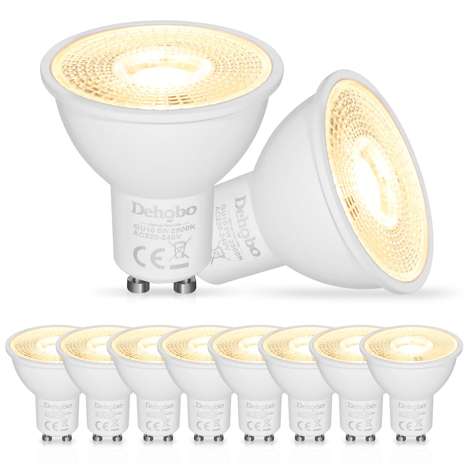 Dehobo GU10 LED Bulbs Warm White, Spotlight Bulb 6W 2800K, 60W Equivalent Energy Saving, 480LM, 120° Beam Angle, Non-Flicker, Non-Dimmable Spot Lights for Ceiling Downlights Lighting, 10 Pack