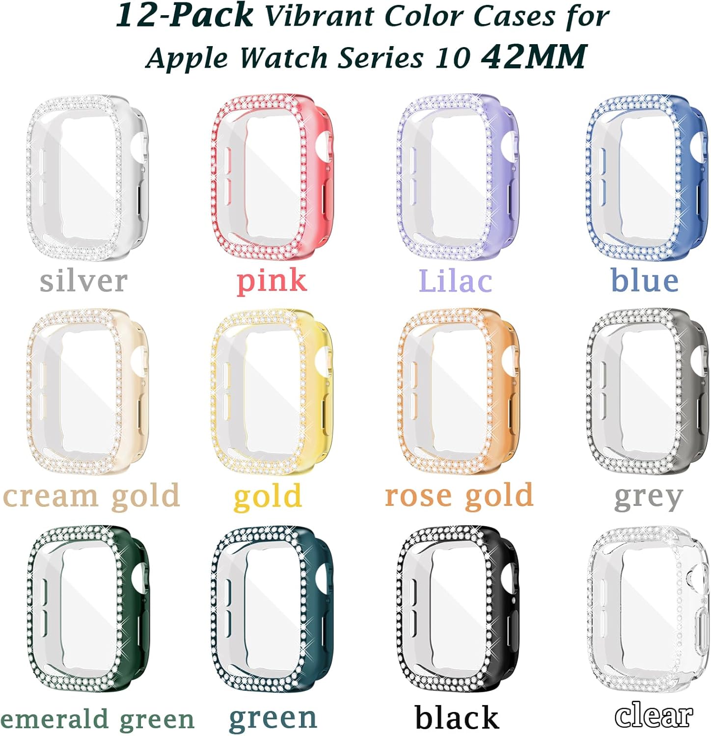 [12Pack] RICHONE Bling Case for Apple Watch Series 11/10 42mm Rhinestone Screen Protector, Soft TPU Protective Face Covers for iWatch 10 Bumper Sparkly Accessories for Women(42MM,12 Vibrant Colors)