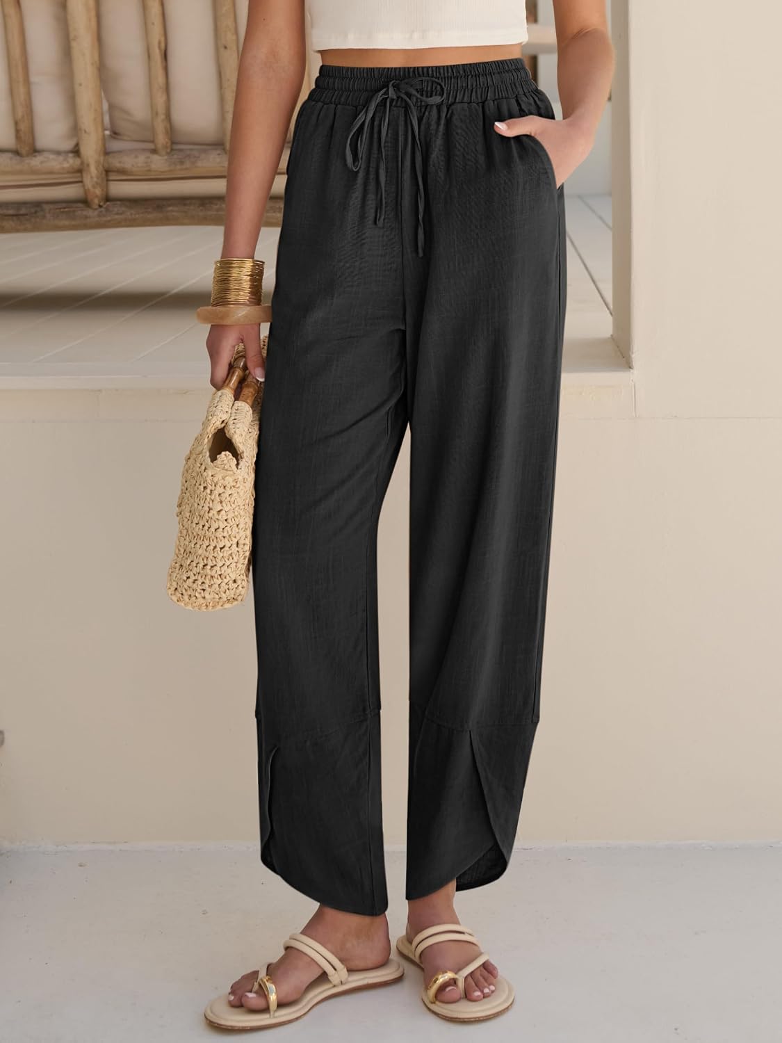 Caracilia Womens Wide Leg Barrel Pants with Pockets