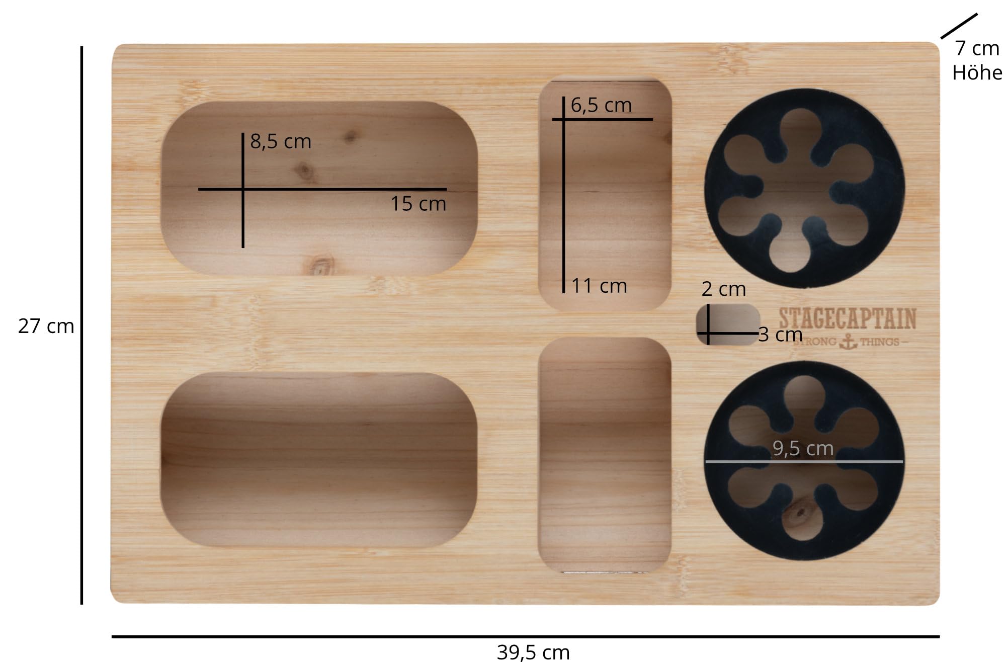 Stagecaptain CBW-45 NT Couchbar - Snackbar aus Bambus für Wohnzimmercouch - Praktische Griff-Aussparungen - 7 Staufächer für z. B. Snacks und Getränke sowie Flaschenöffner - Becherfixierung aus Gummi
