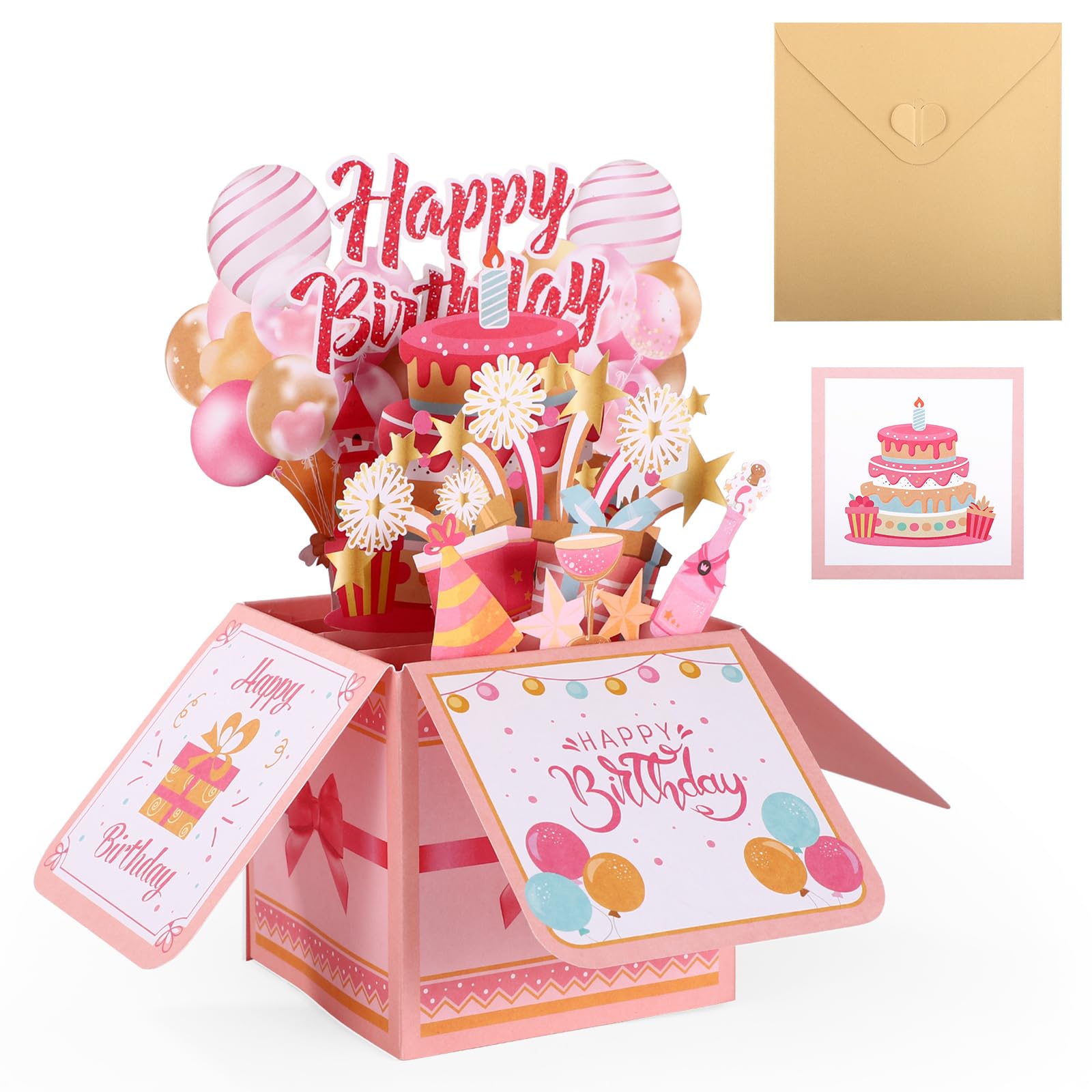 Gosknor Happy Birthday Pop up Card, Colorful Balloons & Fireworks 3D Gift Box with Envelope, Creative Gift Universal Birthday Greeting Card for Women, Mom, Daughter, Grandma, Aunt, Sister & Friends