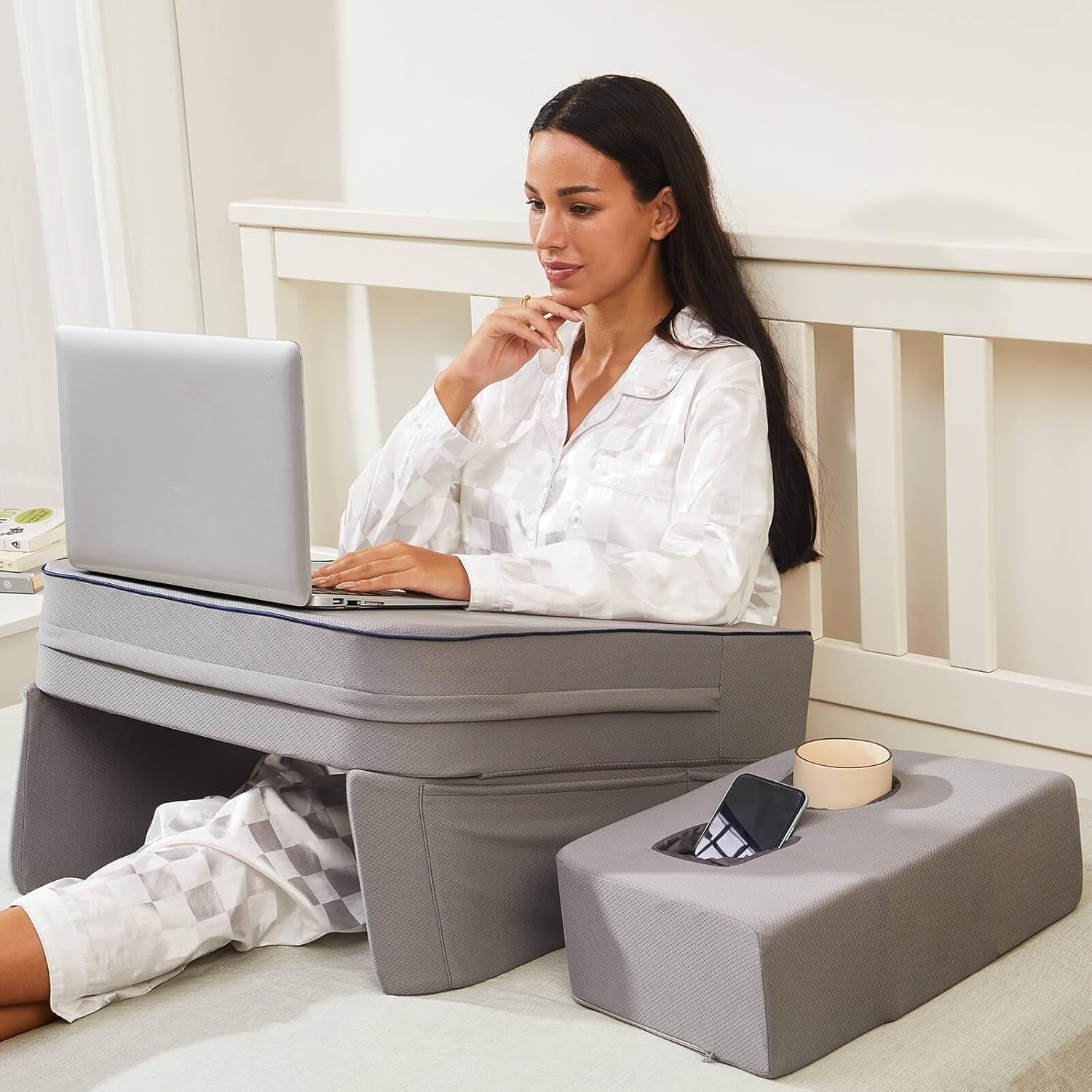 Lap Desk Pillow, Memory Foam Laptop Pillow Desk with Cup Holder, Reading Pillow for Lap, Laptop Desk for Bed, Soft Bed Desk for Working, Gaming, Reading(Grey) Gray Small