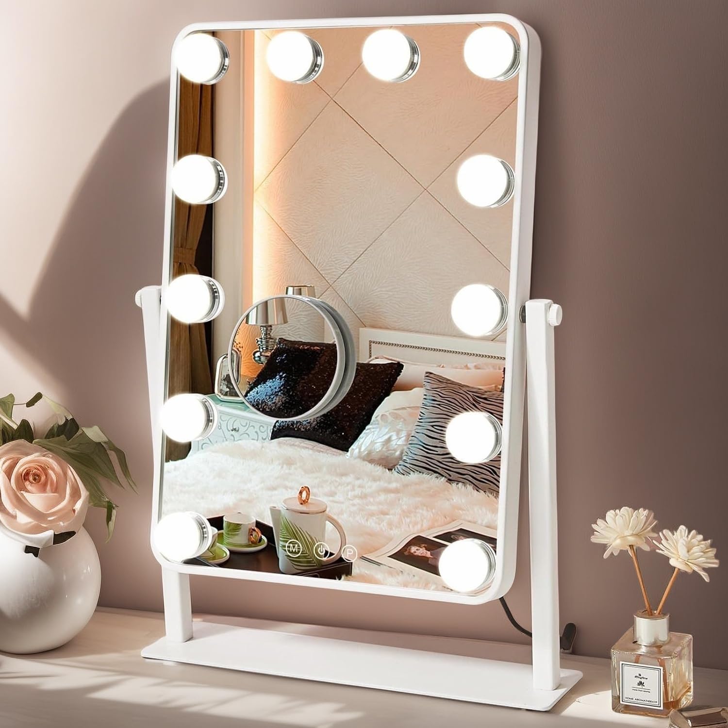 ARREBOL （ アレボル）女優ミラー 充電式大型ハリウッドミラー ライト付き化粧鏡 12個電球卓上ミラー USB充電式 三色照明モード 無段階調光機能 10倍拡大鏡付き コードレス 化粧鏡360度回転 人気 母の日 クリスマス プレゼント