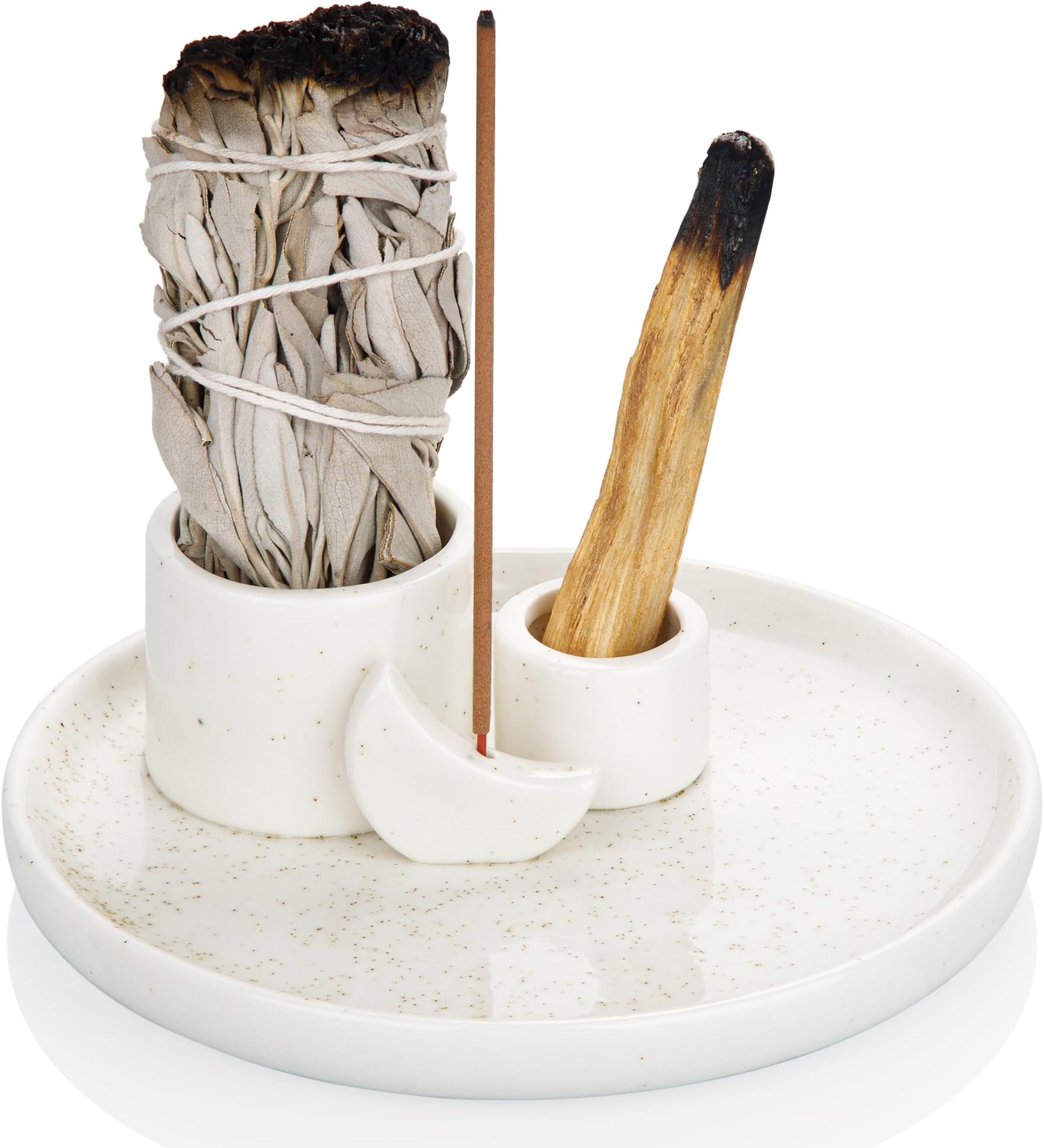 ZenBless 4 in 1 Incense Burner Holder, Palo Santo & Sage Holder, Candle Holder, Ceramic Ash Catcher Tray for Meditation & Yoga, White