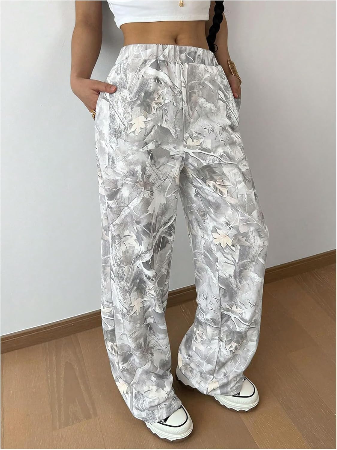 Girl's Camo Graphic Branch Sweatpants Wide Leg Elastic Waist Trousers Pants with Pockets Streetwear - Image 2
