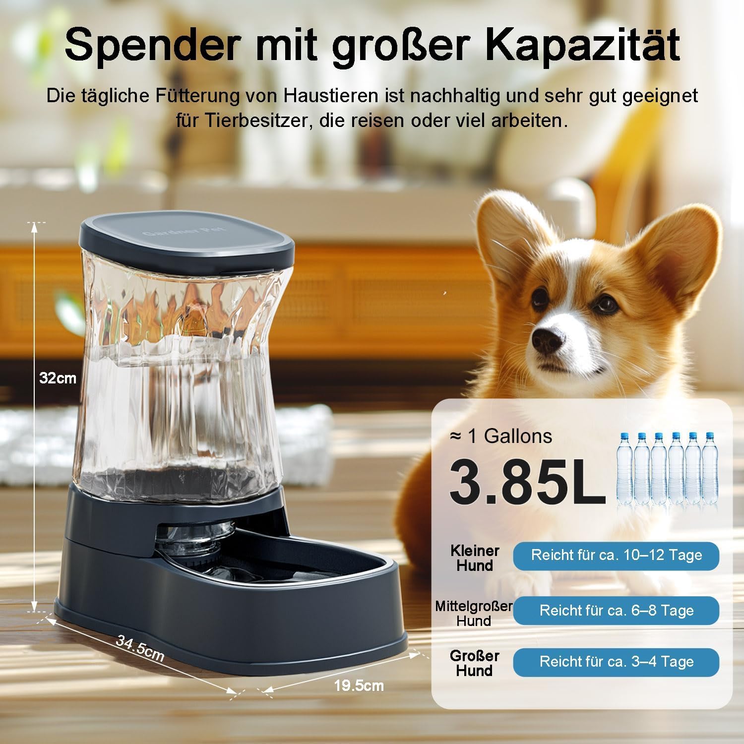 Gardner Pet 3.85L Gravitation Wasserspender Hund, Edelstahlnapf, Grau | Ohne Strom, BPA Frei, Gravitation Wasserspender, Für kleine/mittlere Haustiere