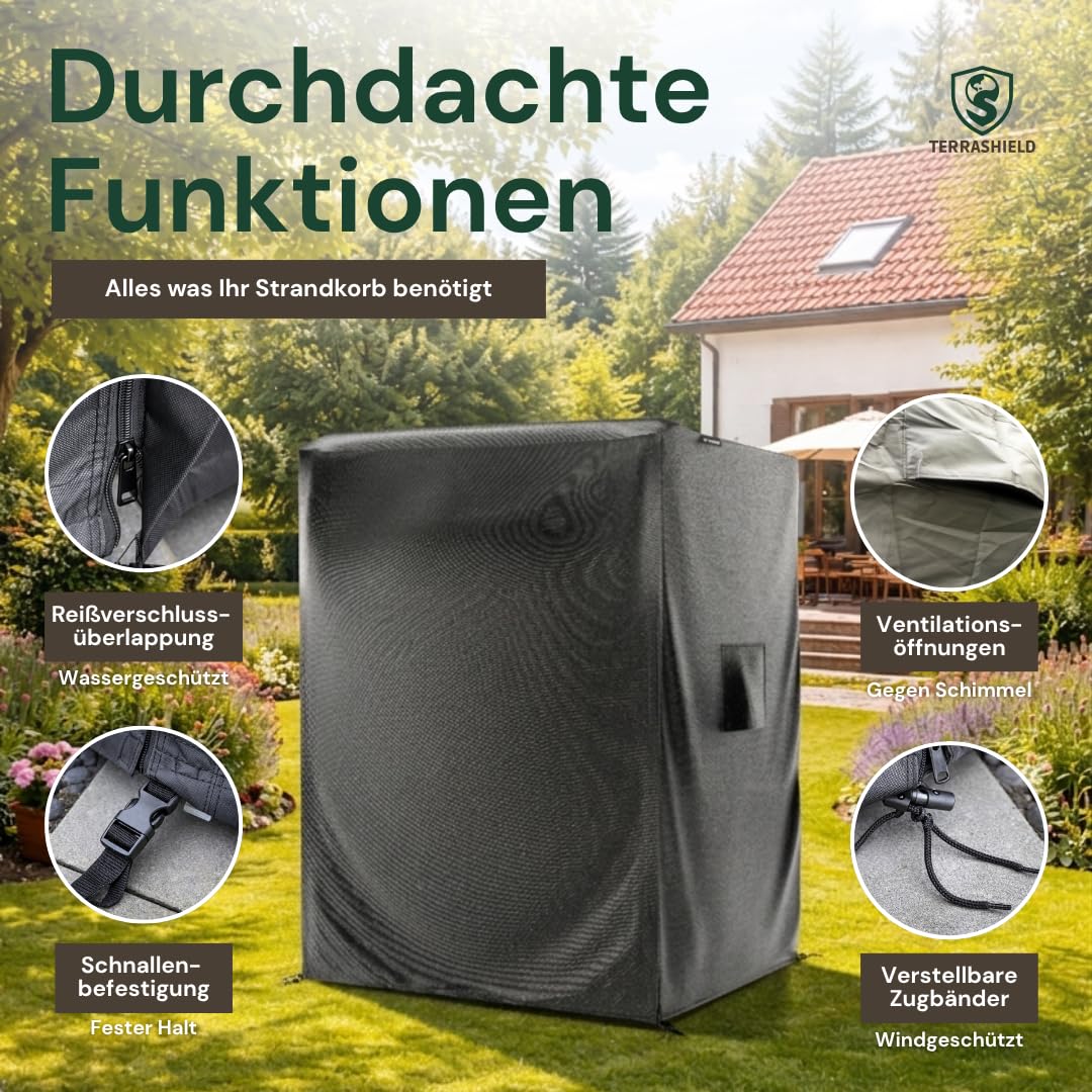 TERRASHIELD® Strandkorb Schutzhülle | wasserdicht winterfest wetterfest UV-beständig atmungsaktiv | 600D Oxford | Abdeckung Strandkorbhülle Abdeckhaube Abdeckplane | 120 x 90 x 160 B/T/H | schwarz
