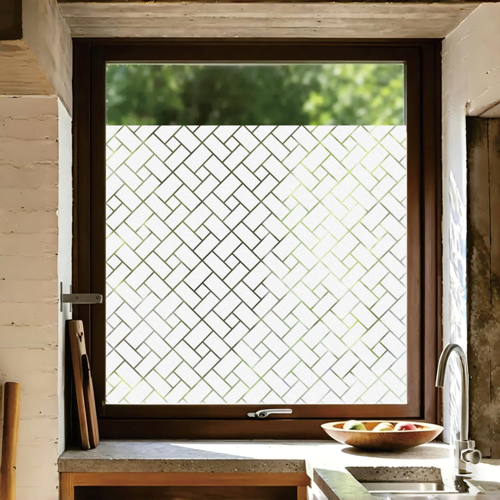 Privacy Window Film 65 x 460 cm Static Cling Opaque Self Adhesive Anti UV Vinyl Decorative Covering, Privacy Protection, Frosted Window Film for Kitchen, Oblique Grid
