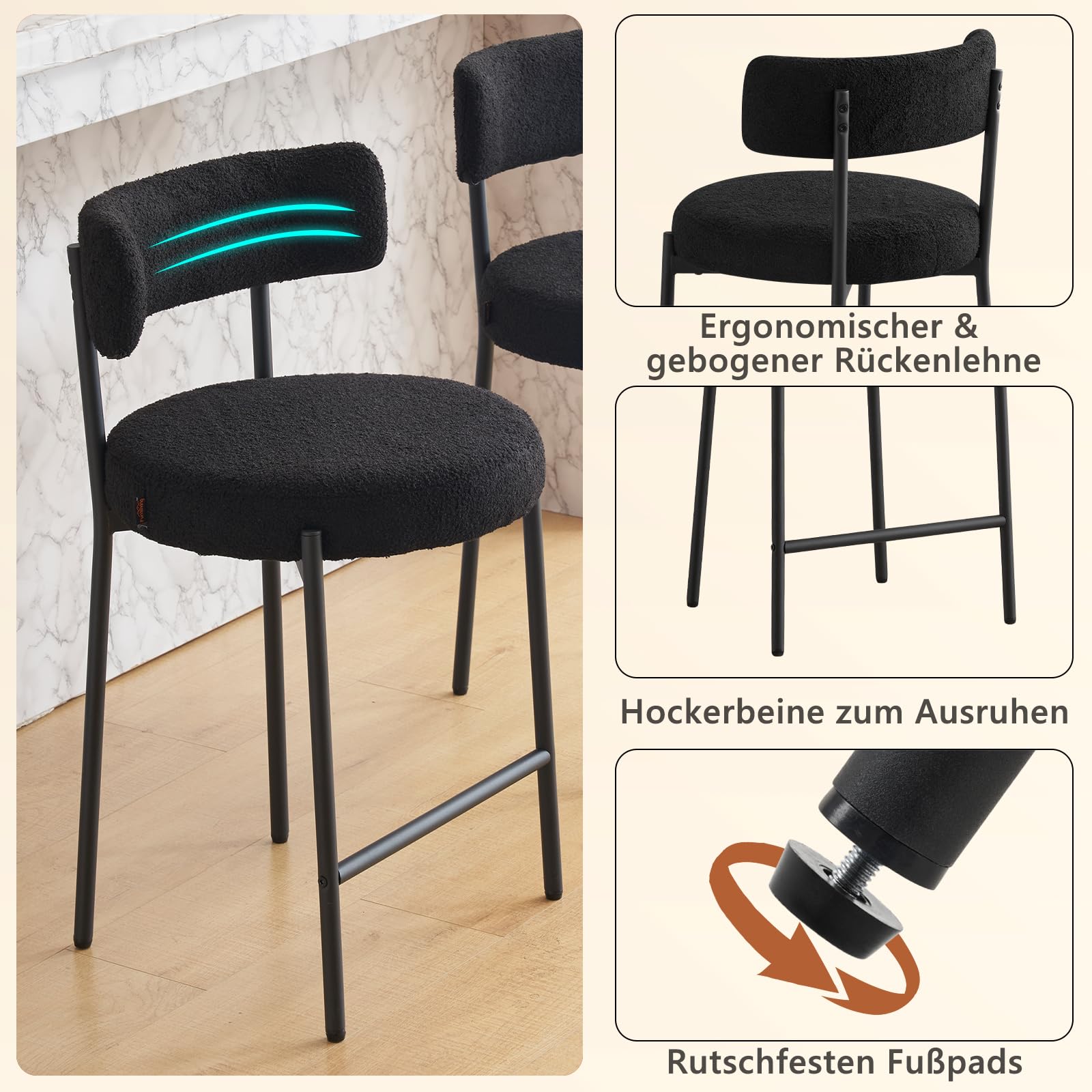 Set di 4 Sgabelli da Bar, Sgabelli da Bar Alti con Schienale, Sedie da Cucina con Poggiapiedi, Seduta alta 63,5cm per Bar, Caffè, Isola della Cucina, Nero
