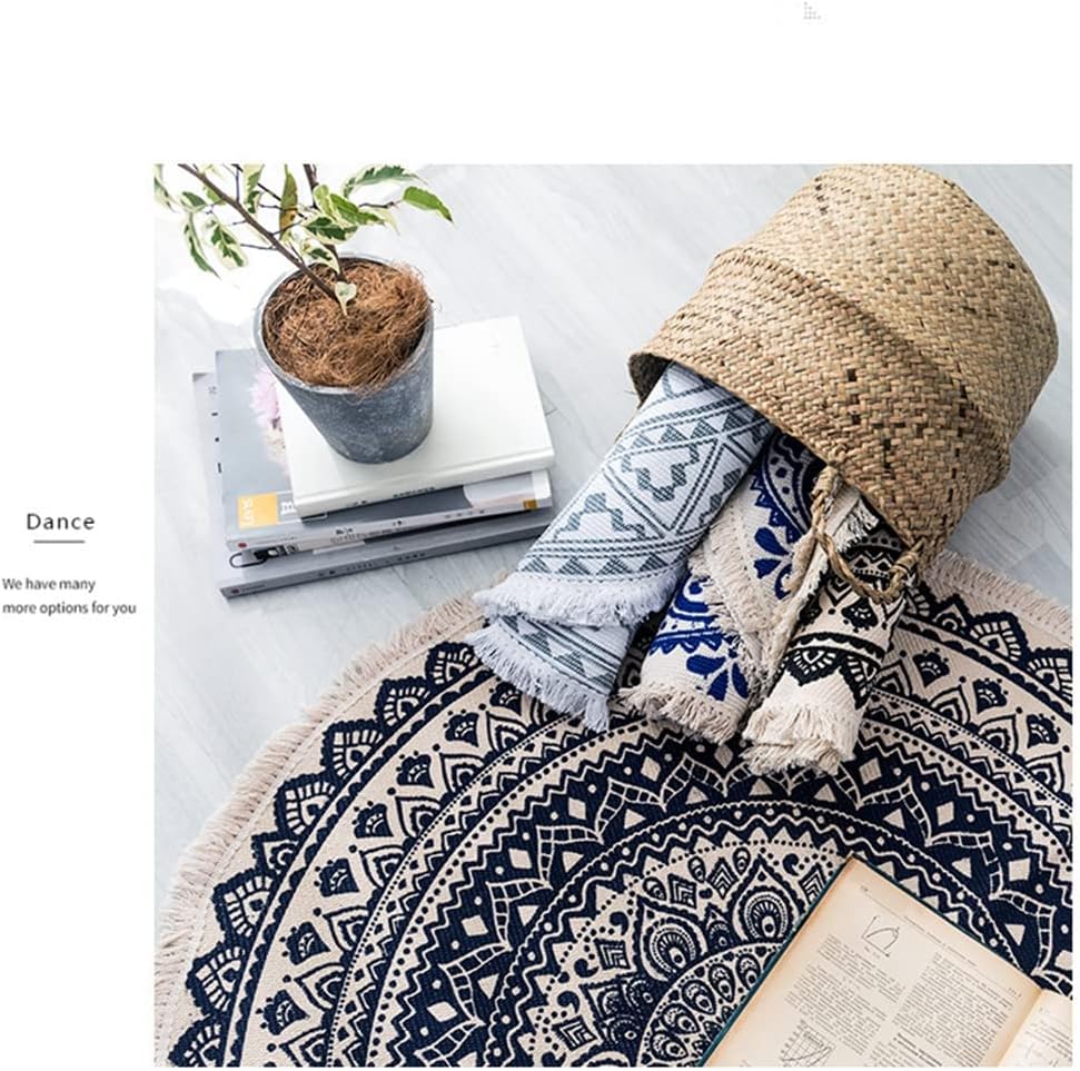 Hand Woven Cotton Linen Boho Circular Area Rugs Stain Resistant Durable Machine Washable Bohemia Living Room Bedroom Rug Soft Runner Carpet Door Mat Nursery Home Décor (23.6" X 23.6", 17)