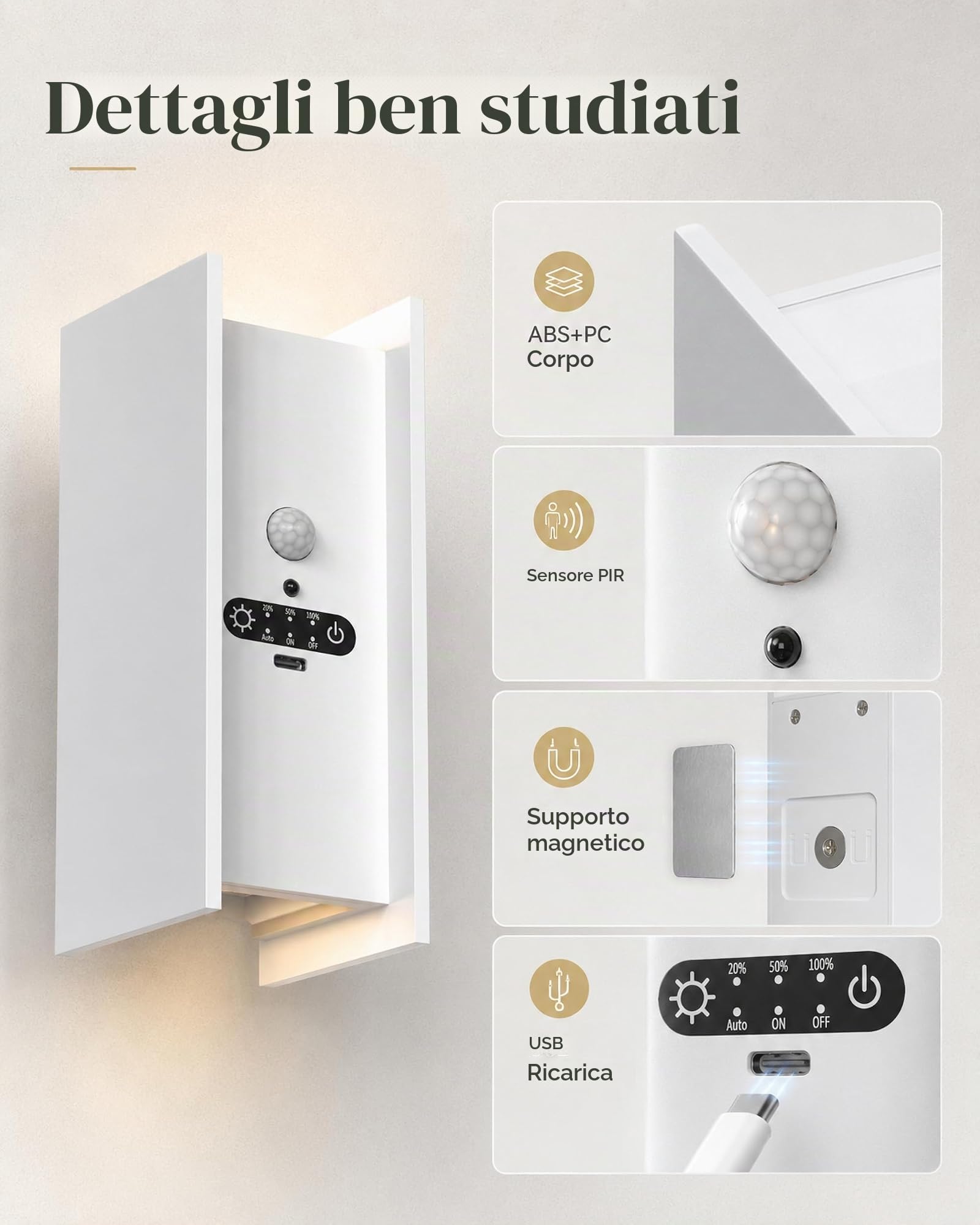 ACMHNC Lampada da Parete Senza Fili, Applique Ricaricabile da parete interno con Sensore di Movimento, 5W LED lampade senza corrente, Bianco Caldo, per Cameretta, Scale, Corridoio, Bianco