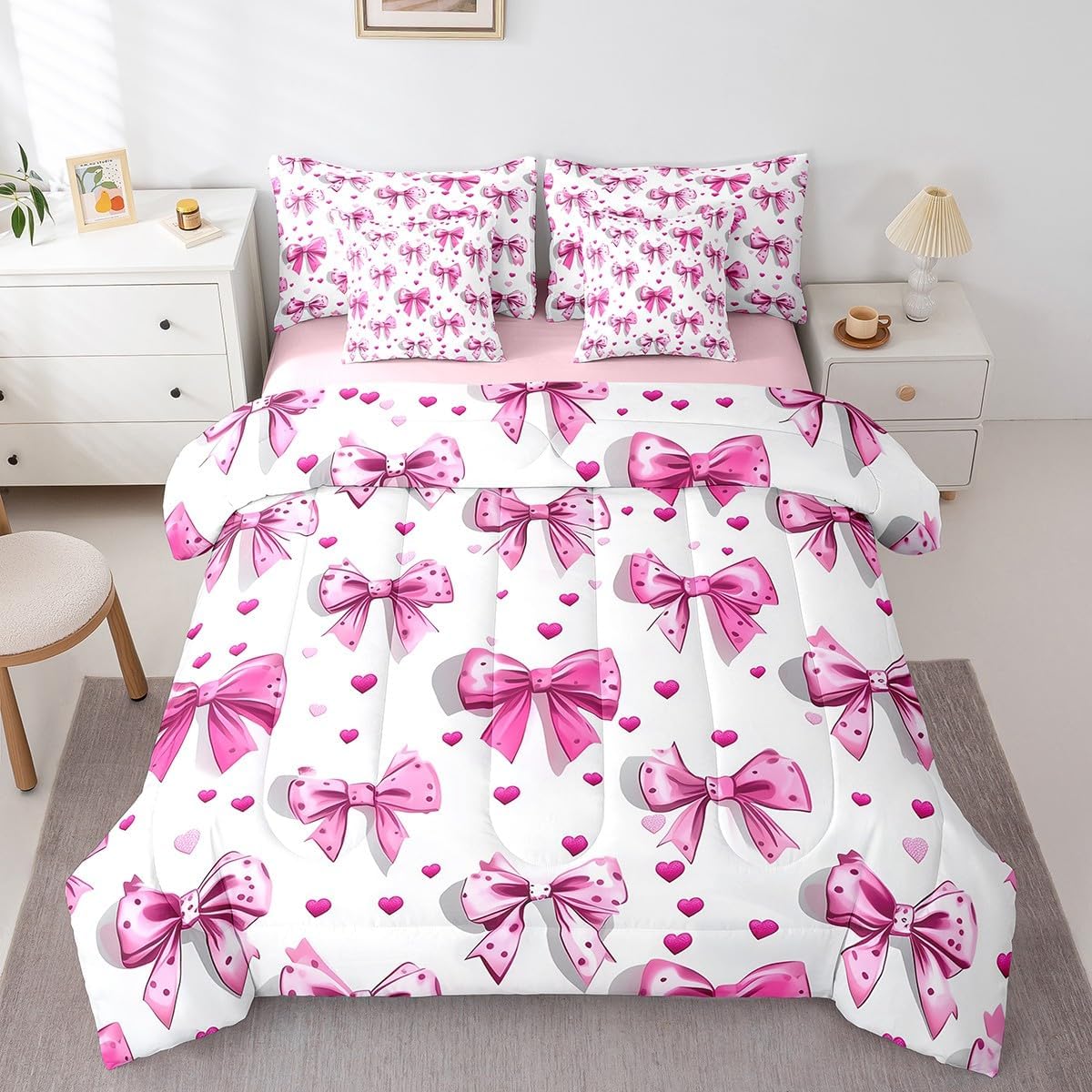 Erosebridal Girls Bowknot Queen Comforter Set 7 Piece, Cartoon Bow Knot Bedding Set Princes Love Heart Bed in A Bag for Boys Girls Teens Women Bedroom, Dreamy Princess Bed Cover with 2 Pillow Cases