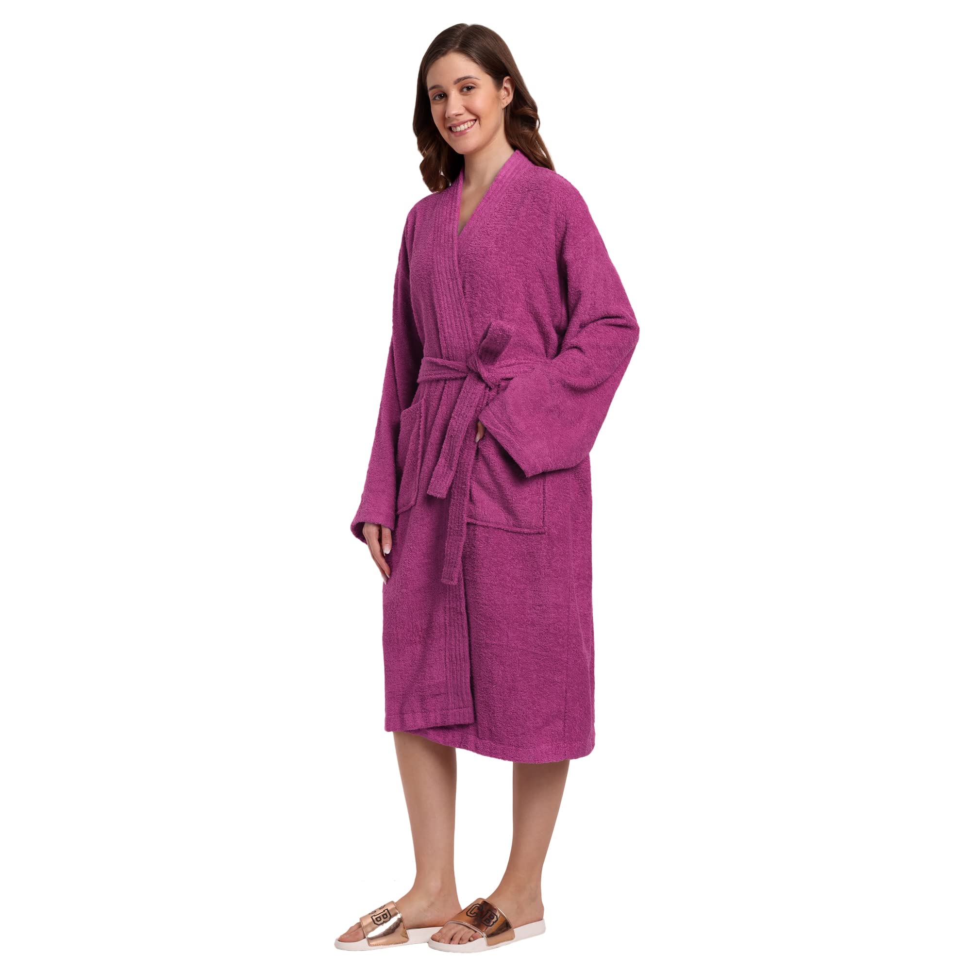 DREAMWEAVERS 100% Soft Terry Cotton Velour Bathrobe Super Soft & Absorbent Knee Length with 3/4 sleeve for Unisex (Pink, Large)