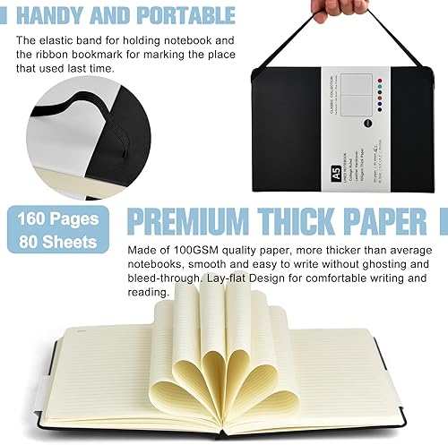 Miniatura 3 de Paquete de 6 cuadernos con rayas universitarias, cuadernos clásicos de tapa dura de cuero para escribir oficina, escuela, hogar, negocios, 8.3 x 5.5