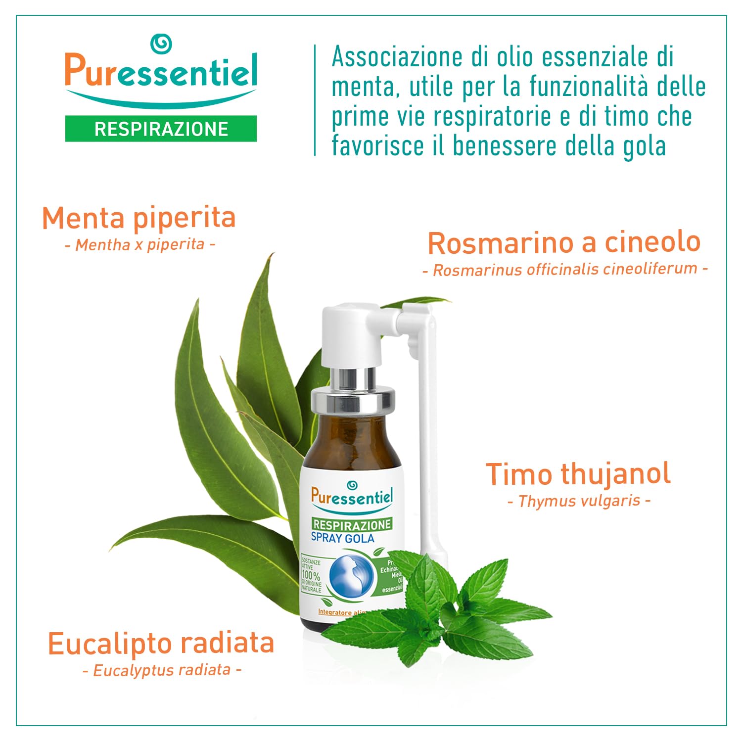 Puressentiel Respirazione, Spray Gola, Formula 100% di Origine Naturale, per il Benessere della Gola e la Funzionalità delle Prime vie Respiratorie, Vegan e Cruelty Free, 15 ml