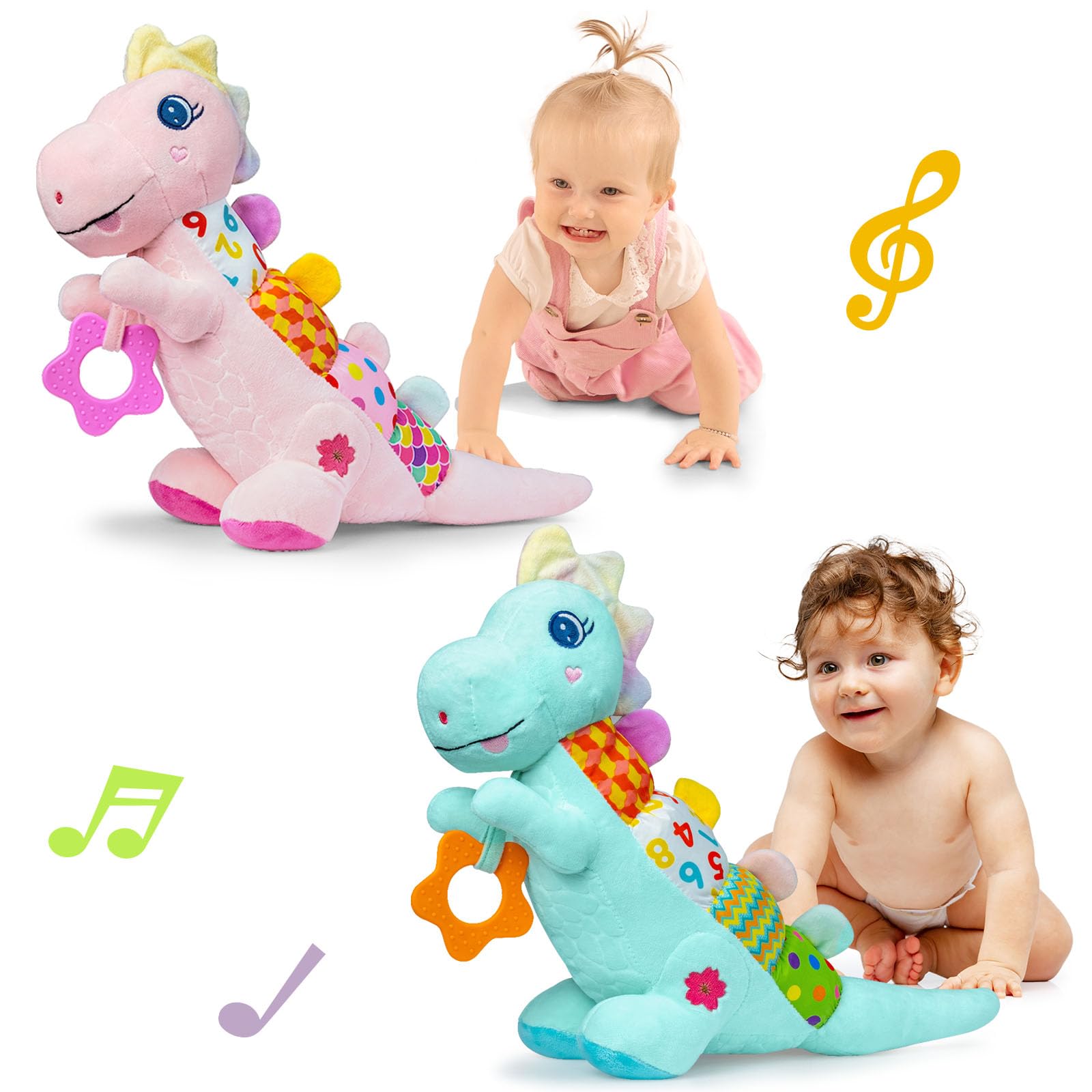 Holaxander Baby Musical Plush Dinosaur Toy Set,Its with Built-in Music,BB Squeaks,Crinkle and Rattle,Baby Toys 0-3-6-12-12+Months