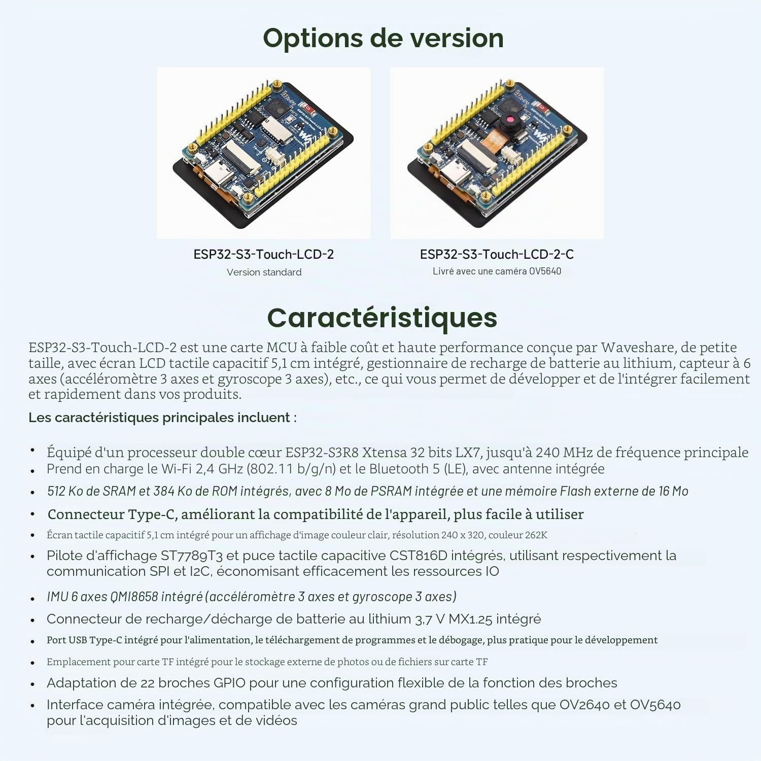 Waveshare ESP32-S3 2inch Capacitive Touch Display Development Board, 240x320, IPS, 32-Bit LX7 2-Core Processor, Up to 240MHz Frequency, Support WiFi BT, Support OV5640 5MP Camera Module(Not Included)