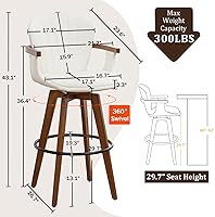 Vista 2 de LUNLING 30” Bar Height Stools,Mid Century Modern Bar Stool,White PU Leather Kitchen Island Stools,Wood High Barstools Swivel with Back and Arms for
