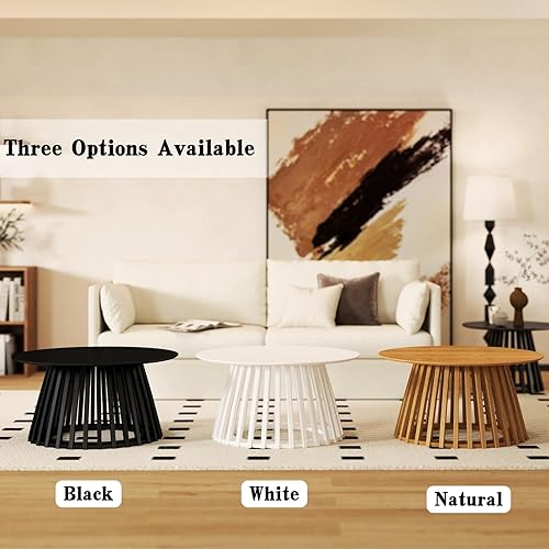 Miniatura 6 de DUOMAY Moderna mesa de centro redonda de madera maciza con base geométrica, mesa central de madera resistente para sala de estar, salón, oficina,