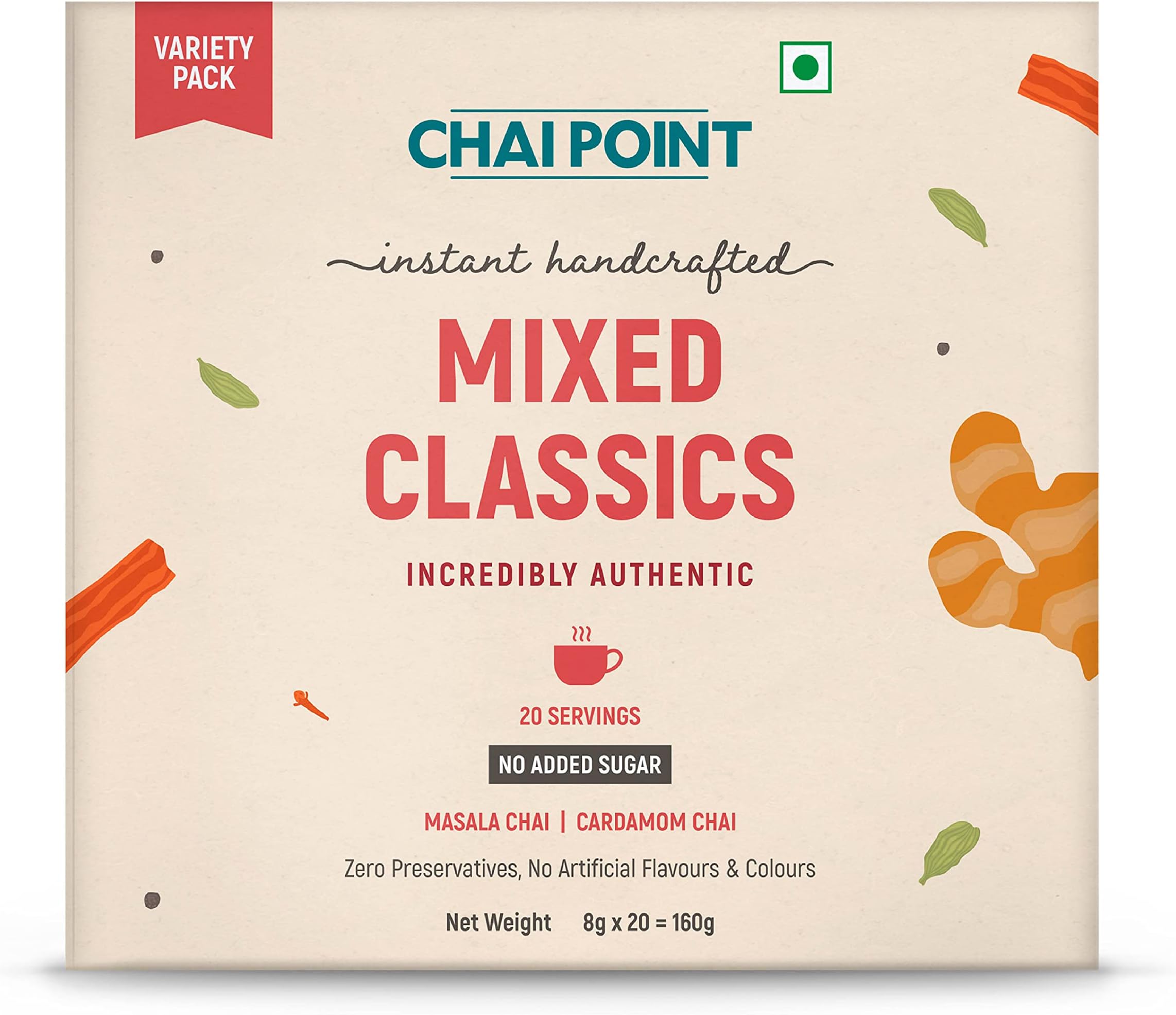 Chai Point Mixed Instant Tea – Masala & Cardamom, No Sugar, 20 Sachets | Assam Tea Premix with Pure Spices | Instant Flavored Chai for Morning & Evening | Authentic Masala Elaichi Mix