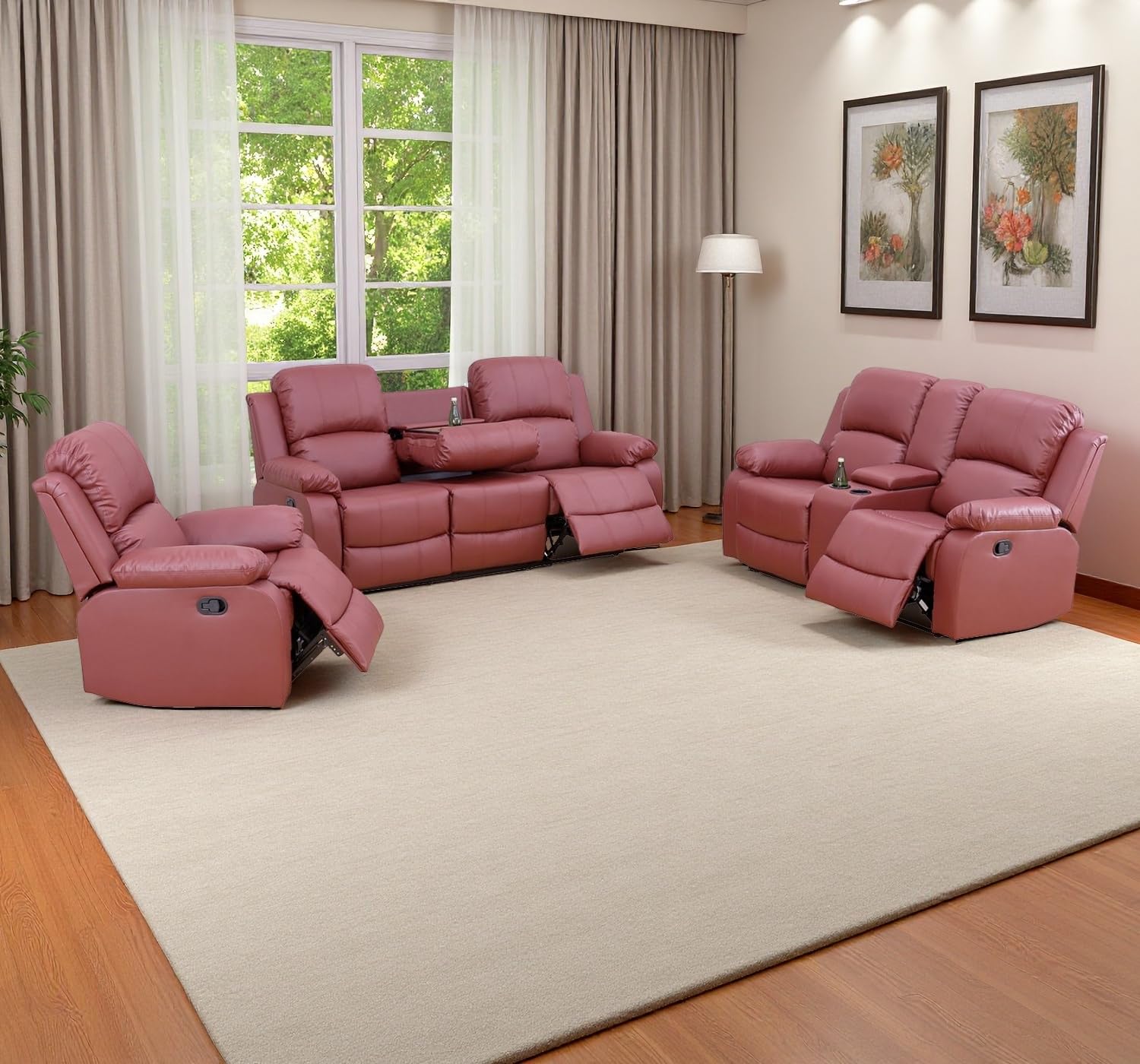 Caberryne Leather Recliner Sofa Set，Leather Reclining Couch for Living Room Furniture Sets，Red Recliner Couch with 5 Recliners for Living Room/Office/