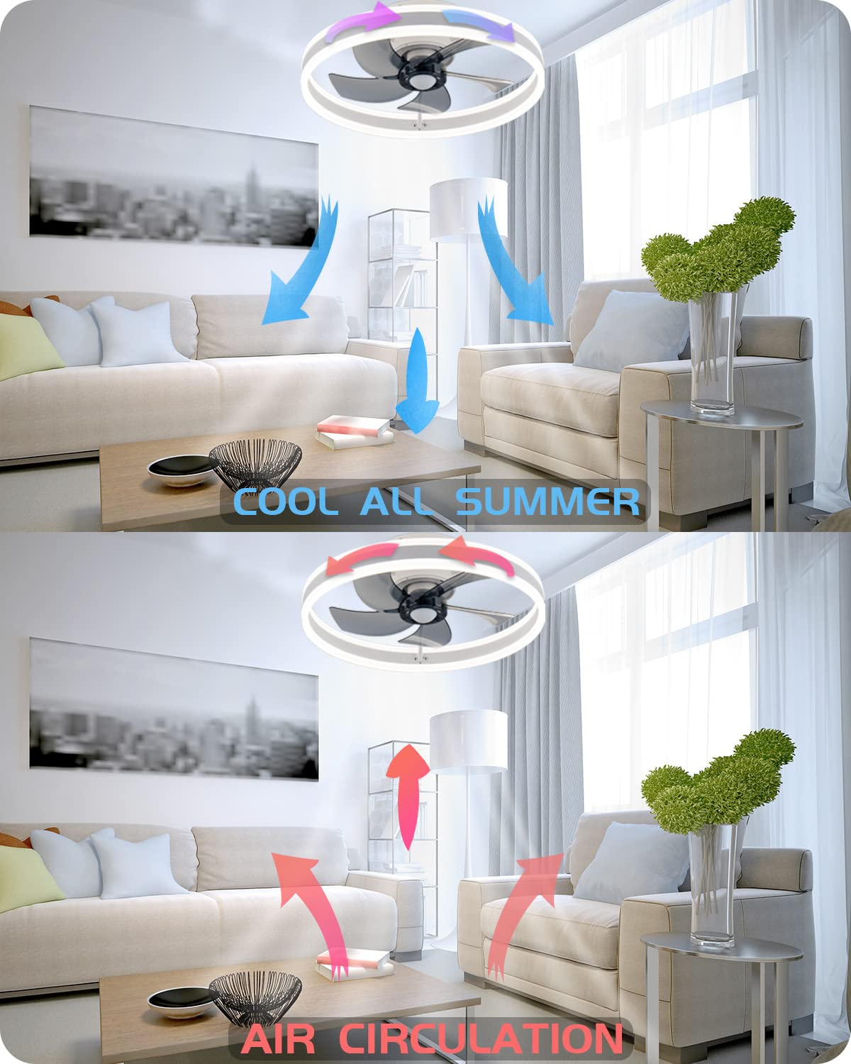 DewShrimp Flush Mount Ceiling Fan with Lights,Bladeless Ceiling Fan with Bluetooth Speaker,App and Remote Control,Quiet Low Profile Ceiling Fan,LED Stepless Dimming,3 Colors 6 Speeds Reversible,19.7in