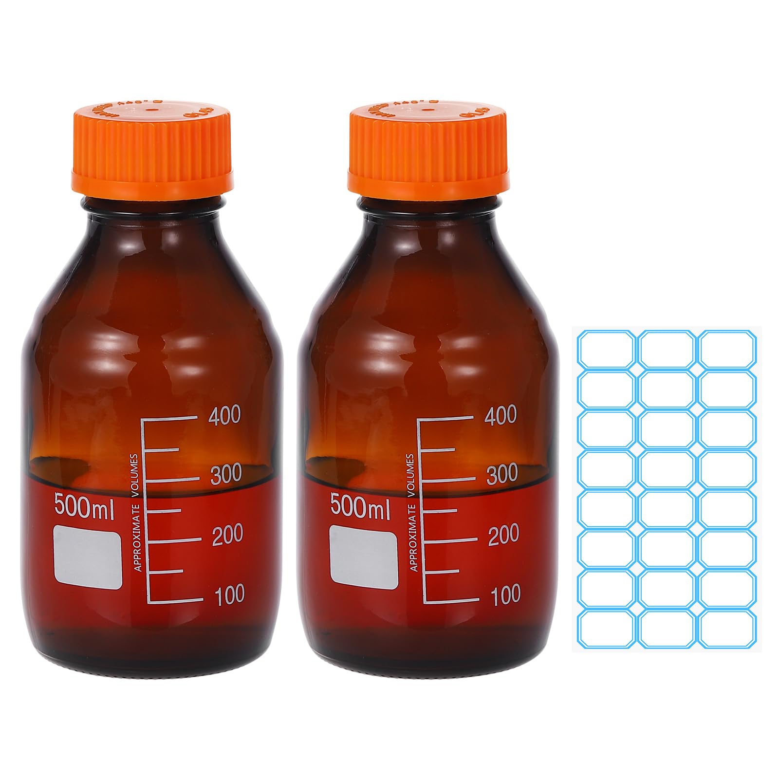 PATIKIL 2 Flaconi Da Laboratorio Per Reagenti, 500ml Borosilicate Vetro Graduato Bottiglie Rotondo Con Tappo A Vite Arancione GL32 E 24 Etichette Per Liquidi Reagenti Acqua