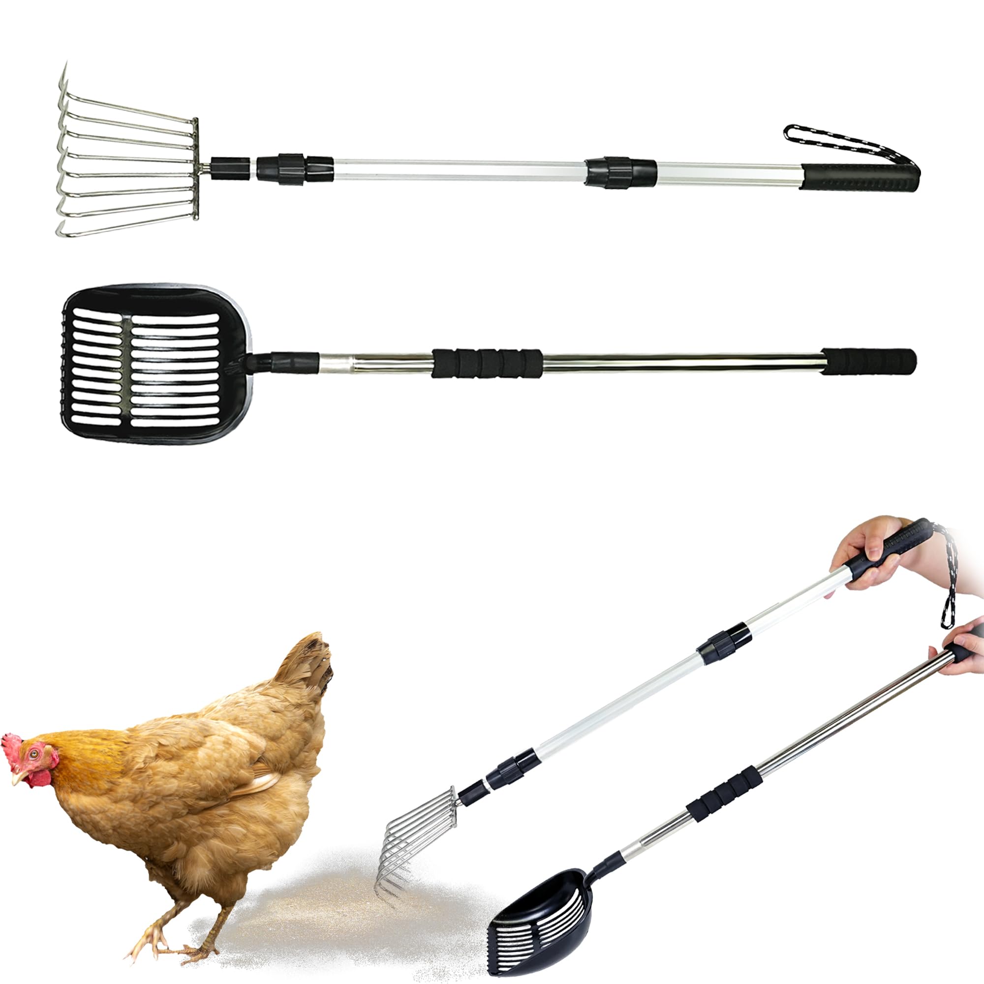 2pcs Chicken Poop Scooper and Chicken Coop Rake Long Handle Metal Litter Scooper for Chicken Heavy Duty Stretchable Chicken Coop Cleaning Tools Detachable Chicken Poop Shovel