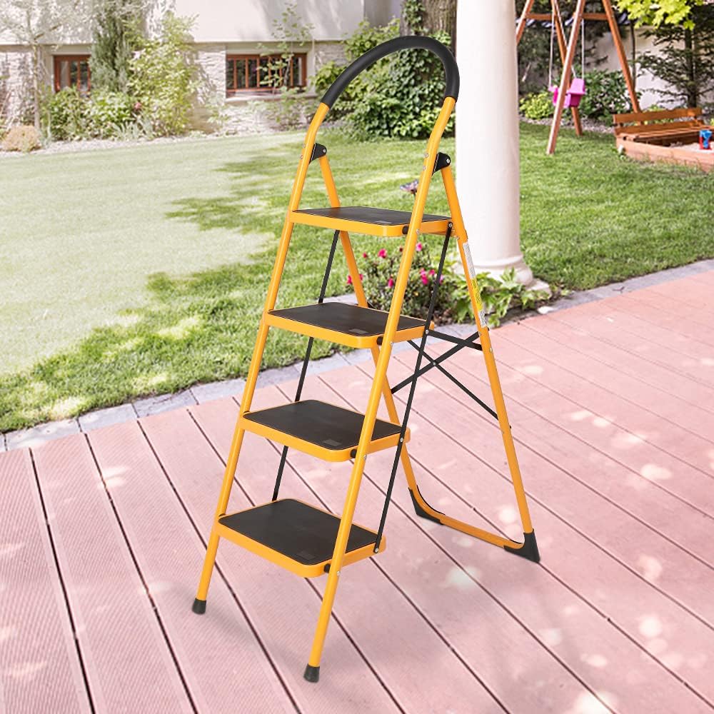 Folding 3/4 Step Ladder,Step Ladder Stool with Convenient Handgrip Anti-Slip Sturdy and Wide Pedal 330lbs Portable Steel Step Stool,Yellow (4 Step Ladder)