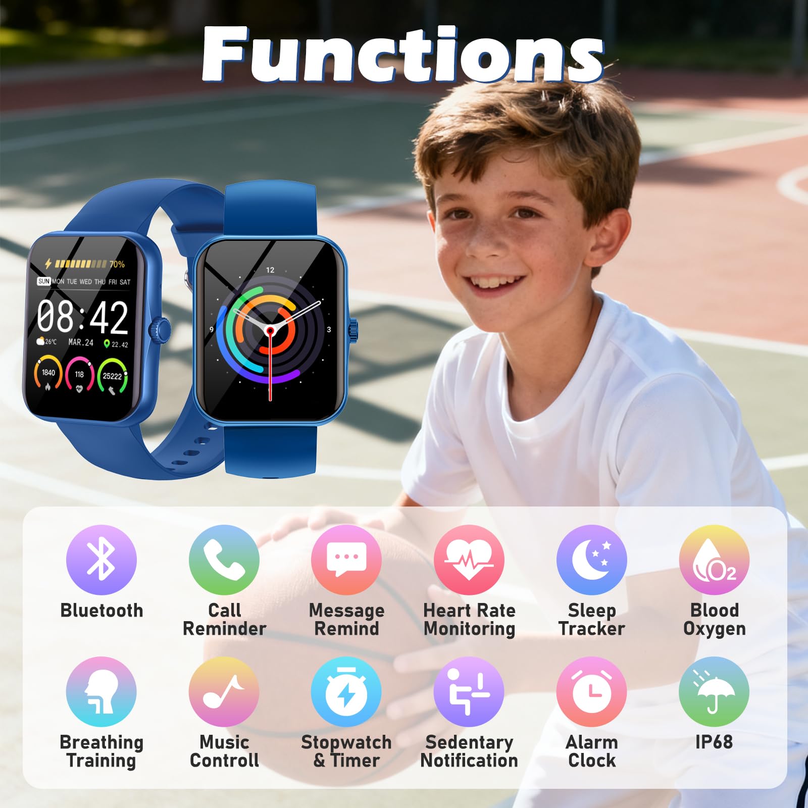 Smartwatch Bambini Fitness Tracker, 1.83" HD Orologio per Bambino Bambina con Frequenza Cardiaca Monitor del Sonno Resistente all'Acqua IP68, Smart Watch per Ragazza Ragazzo Ado 5-16 Anni Regalo, Blu