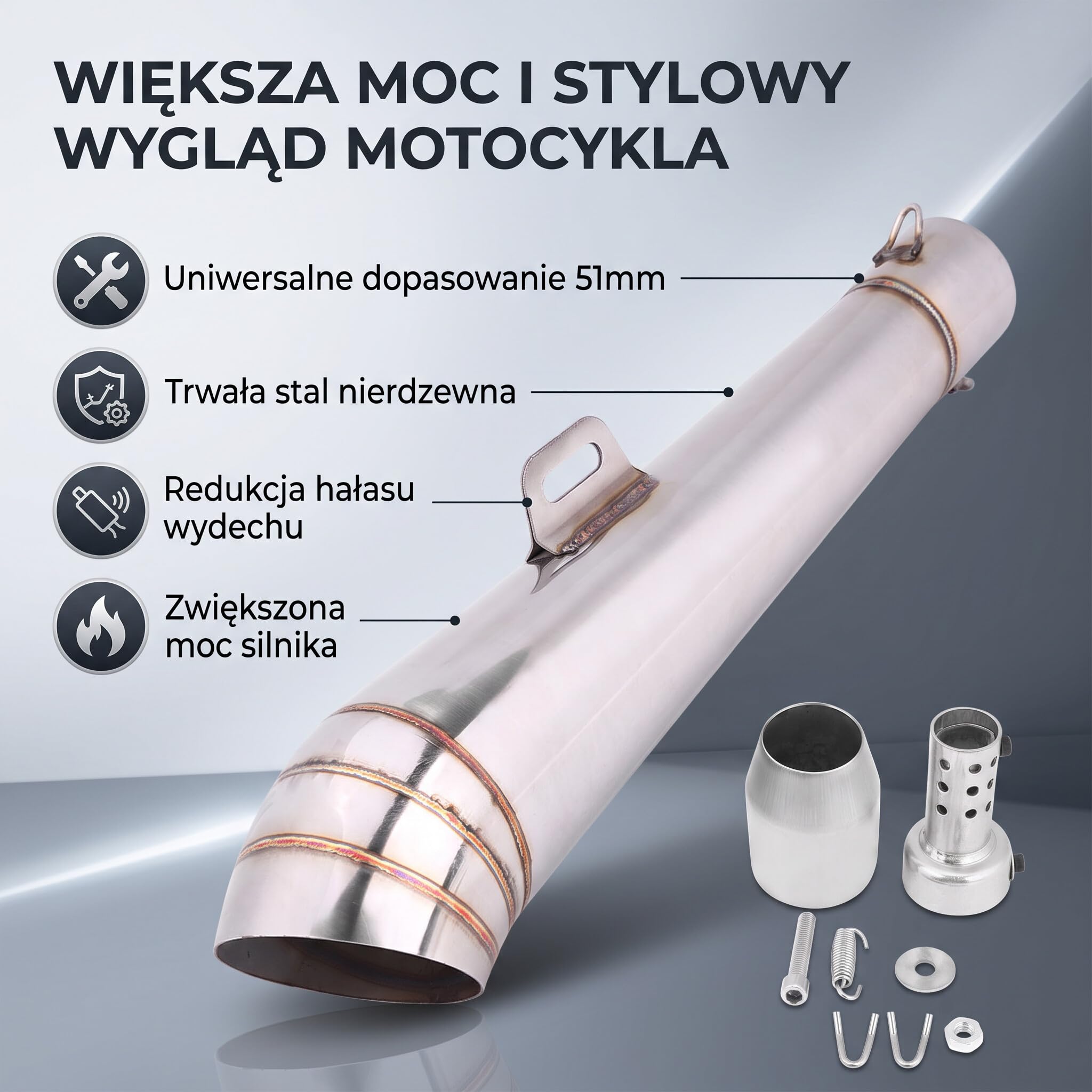 Uniwersalny Motocyklowy Rura Wydechowa ze Stali Nierdzewnej Końcówka Rury Wydechowej Silnika z Tłumikiem do Większości Motocykli/Rowerów Terenowych/Skuterów z Modelami o średnicy 51 Mm / 2 Cale.