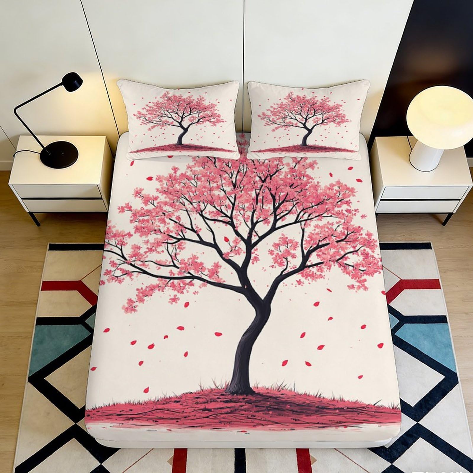 Dhbaneiok Style-8 3D Printed Cherry Blossom Fitted Sheet Microfiber Soft Pink Tree Mattress Cover For Bedroom Guest Room Home Decor 90X200x25cm