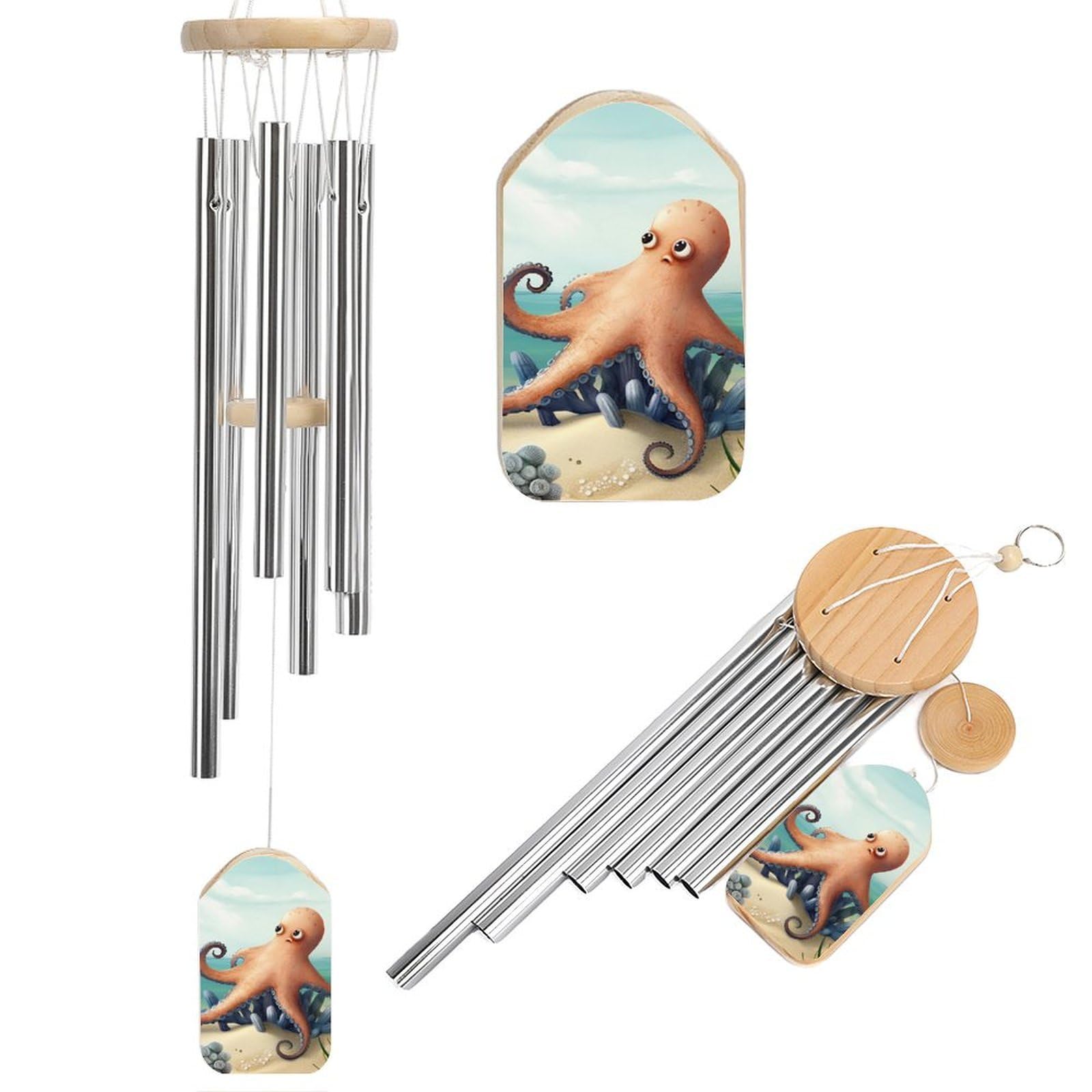 Beach Octopus Starfish Wind Chimes for Outside Memorial Gift Sympathy Wind Chimes Aluminum Tube Windchime with Hook Windbell for Outdoor Patio Garden Decor Housewarming Gift