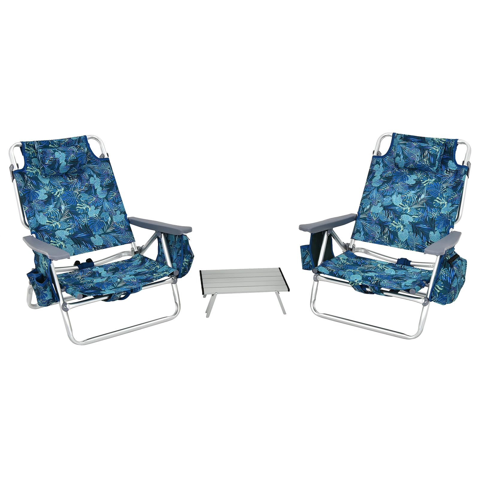 KOMFOTTEU Set di 2 Lettini Prendisole Pieghevoli e Tavolino, Lettini da Spiaggia con Poggiatesta e Schienale Regolabile, Sedie Sdraio Portatile con Borse Laterali per Giardino, Piscina (Blu Marino)
