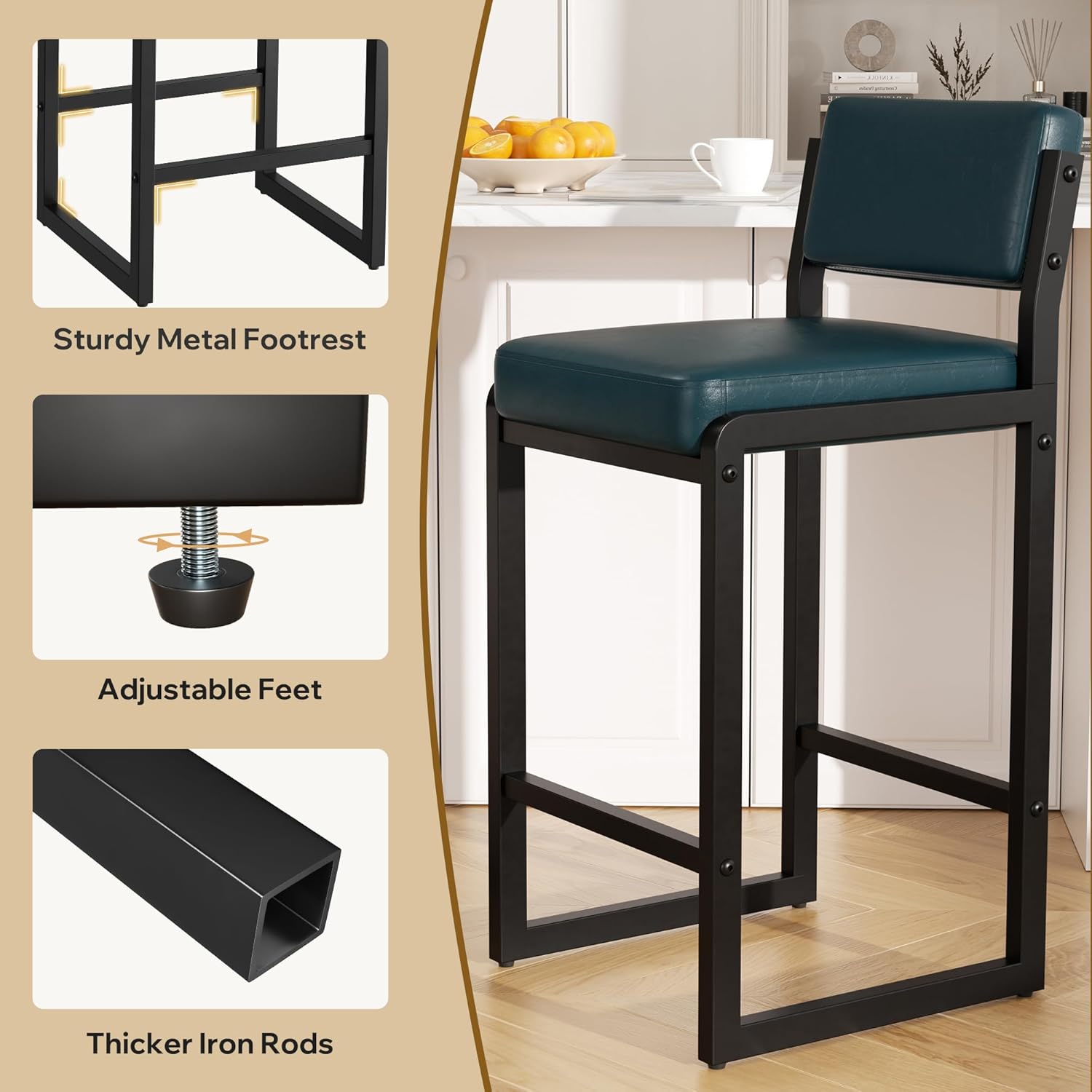 26IN Modern Bar Stools Set of 4, Faux Leather Counter Height Barstools with Back and Footrest, Sturdy Thickened Metal Leg, Kitchen Bar Chairs for Island, Dark Blue