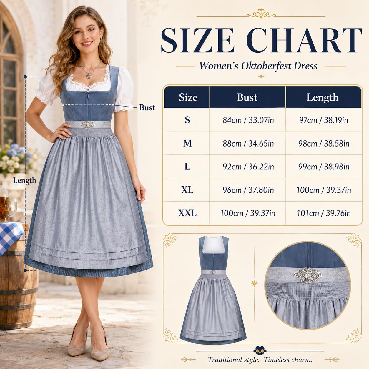Dirndl Damen - 2 Teilig Oktoberfest Damen Outfit Midi Dirndlkleid Trachtenkleid inkl. Trachtenrock Dirndlschürze, Dirndl Kleidung Trachtenmode Kleid Schlicht Tracht Dirndlkleid Schürze Spitze Kleid