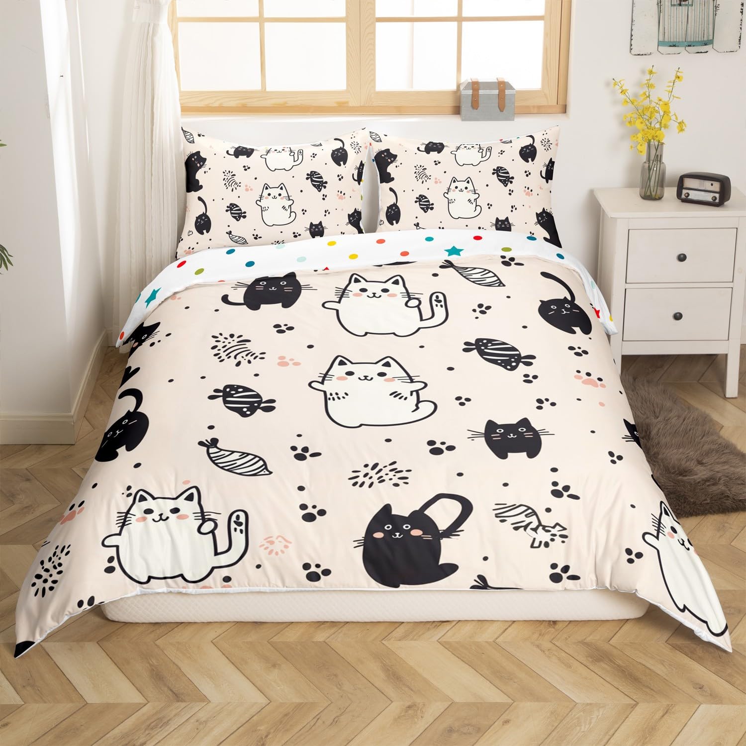 Homewish Kawaii kot dziewczynki podwójna poszewka na kołdrę czarno-biały kot tematyczny zestaw pościeli uroczy mały kot ślad poszewka na kołdrę, kreskówka kotek łóżko zestaw dla dzieci dzieci
