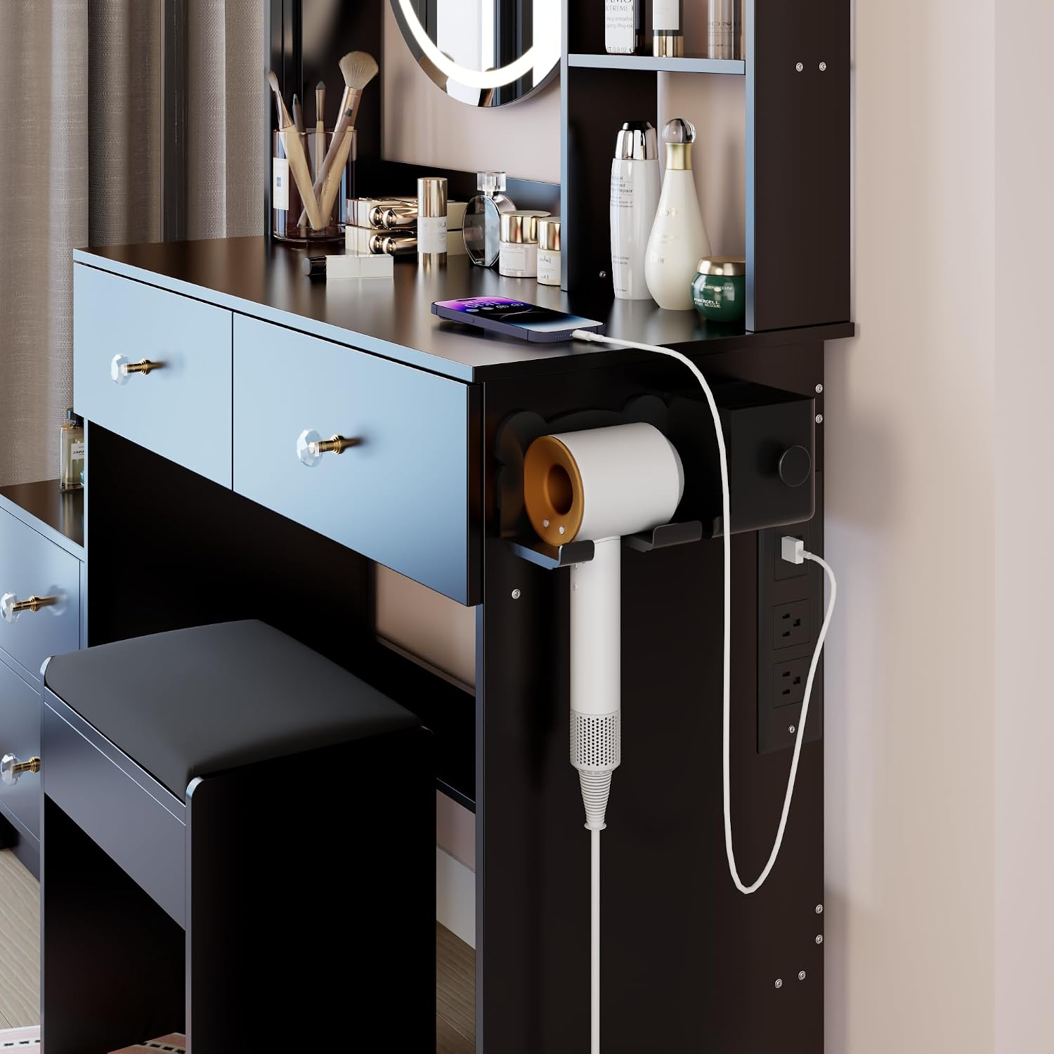 Montary 43.3" Large Vanity Desk Set: Full - Body Mirror + 2 AC & 2 USB Outlets + Hair Dryer Holder, Soft Cushion Stool, Large Mirror, LED Light, Drawers & Storage, Black