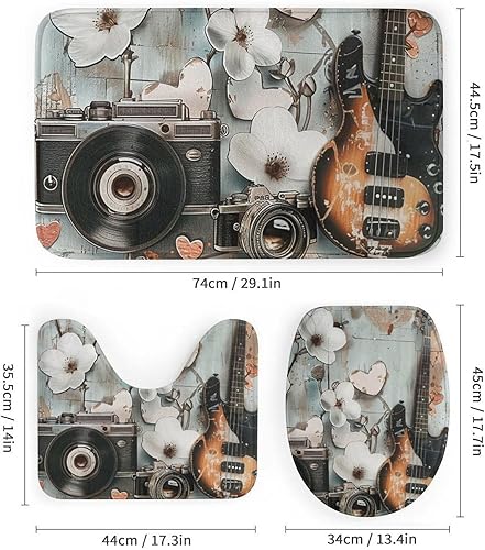 Miniatura 3 de Juego de 4 cortinas de ducha retro para cámara de guitarra con alfombras, tapa de inodoro y tapete de baño, instrumentos musicales florales blancos,