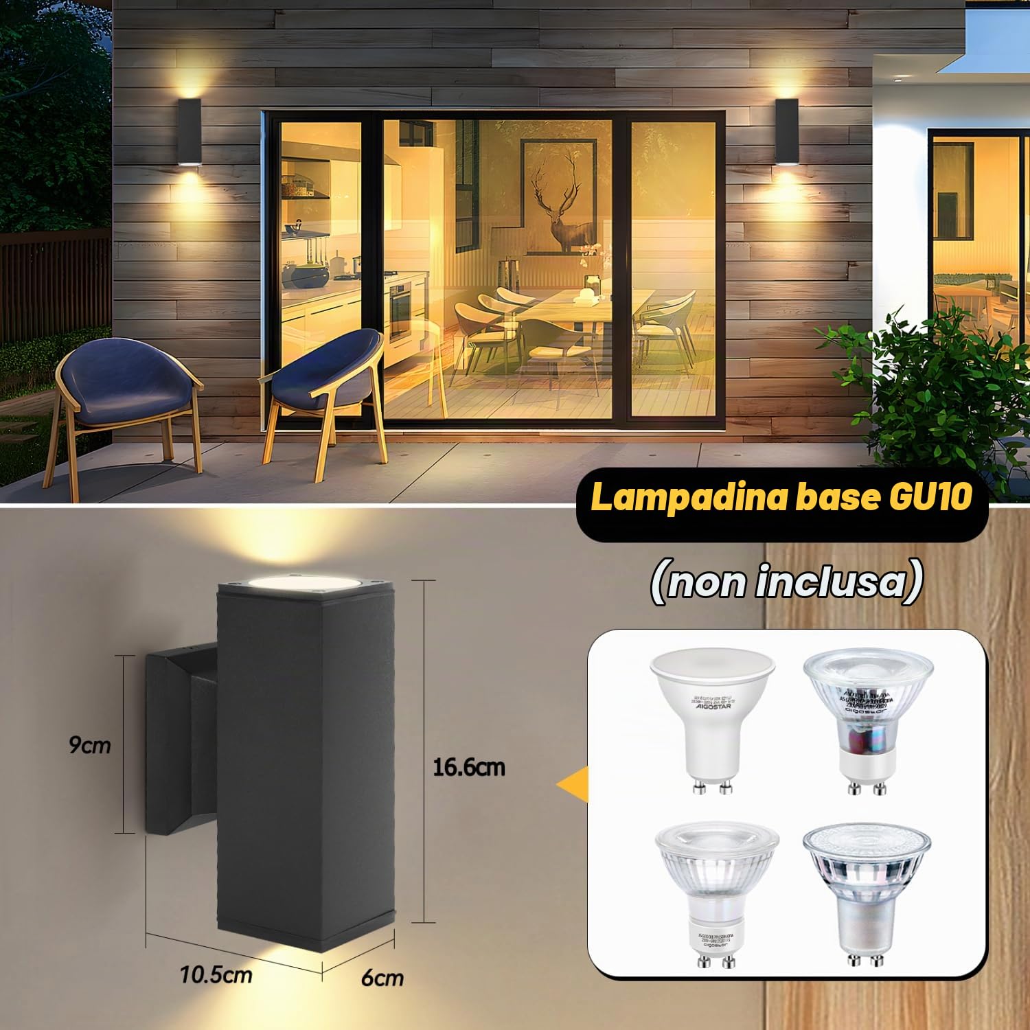 Aigostar Applique da Esterno GU10 - Lampade da Interni ed Esterni - 10 Pezzi in Alluminio Impermeabile IP65, per Patii,Giardini,Corridoi,Balconi,Vialetti, Lampadina Non Inclusa, Nero
