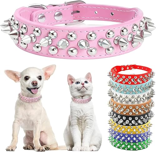 DOGGYZSTYLE Collar de cuero con tachuelas para perros pequeños, medianos y grandes, collar de piel sintética rosa suave y ajustable, collares de