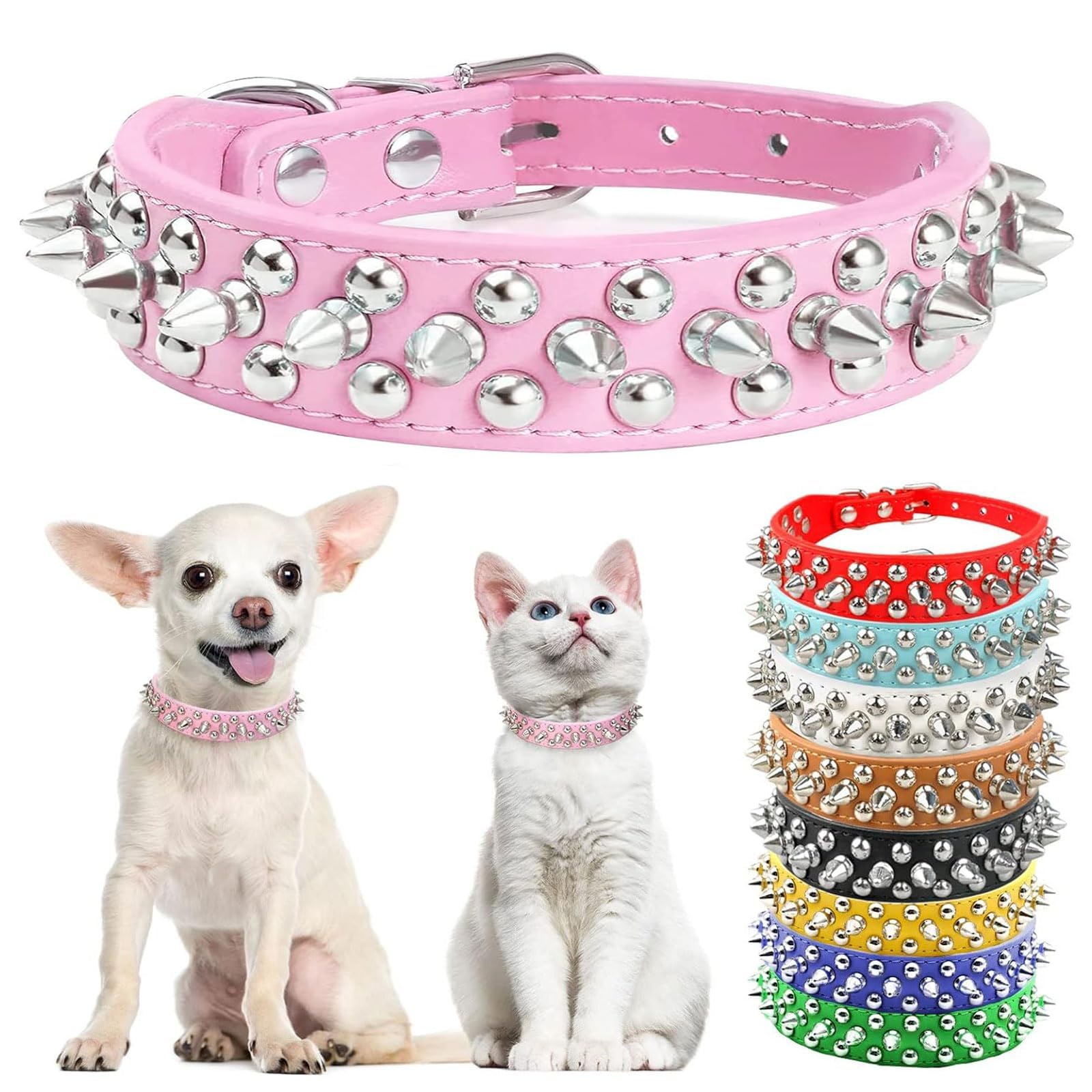 DOGGYZSTYLE Small Pink Spiked Dog Cat Collar for Small Medium Dogs Girl Female - Adjustable Studded Puppy Collars - Soft Padded Punk Leather Dog