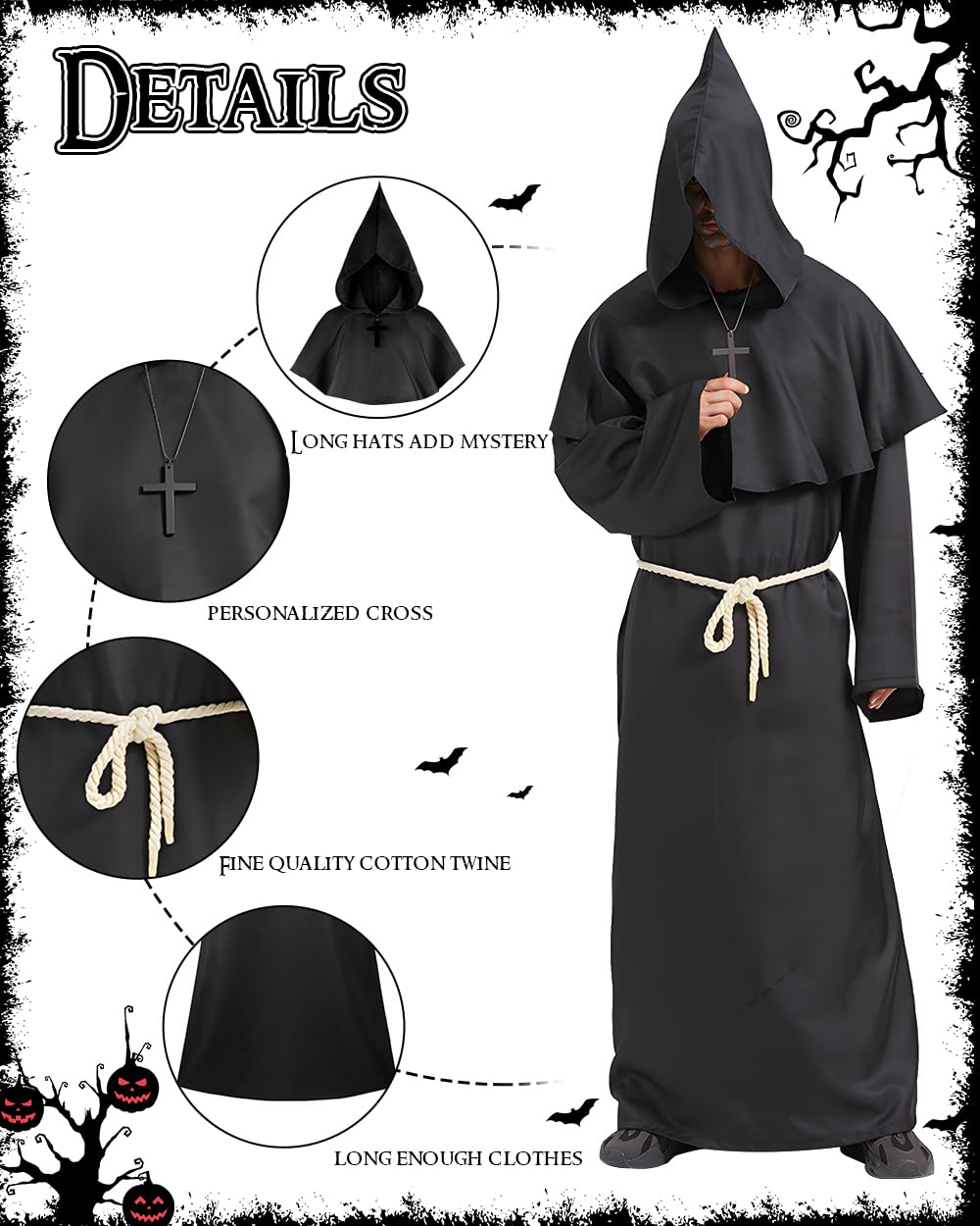 Kostium mnicha, szata kapłana, kostium mnicha, średniowieczny, renesansowy, kostium mnicha na Halloween, kostium czarodzieja z płaszczem, linką w talii i krzyżykiem na szyję dla dorosłych