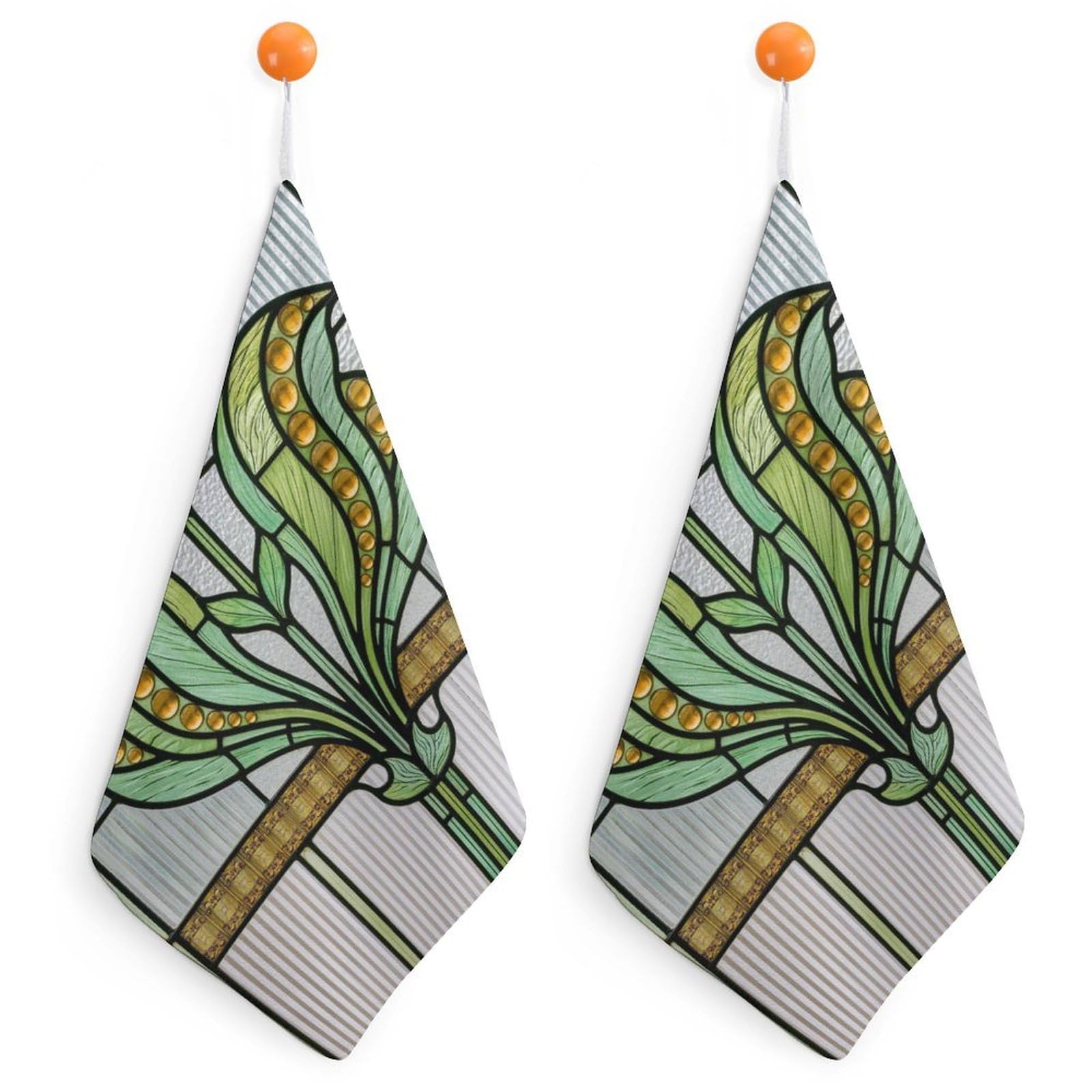 Jubonexis Stained Glass Panel Stylized Floral in Green Small Hand Towel with Hanging Loop 2 PCS Absorbent Soft Wash Cloth for Kitchen Bathroom