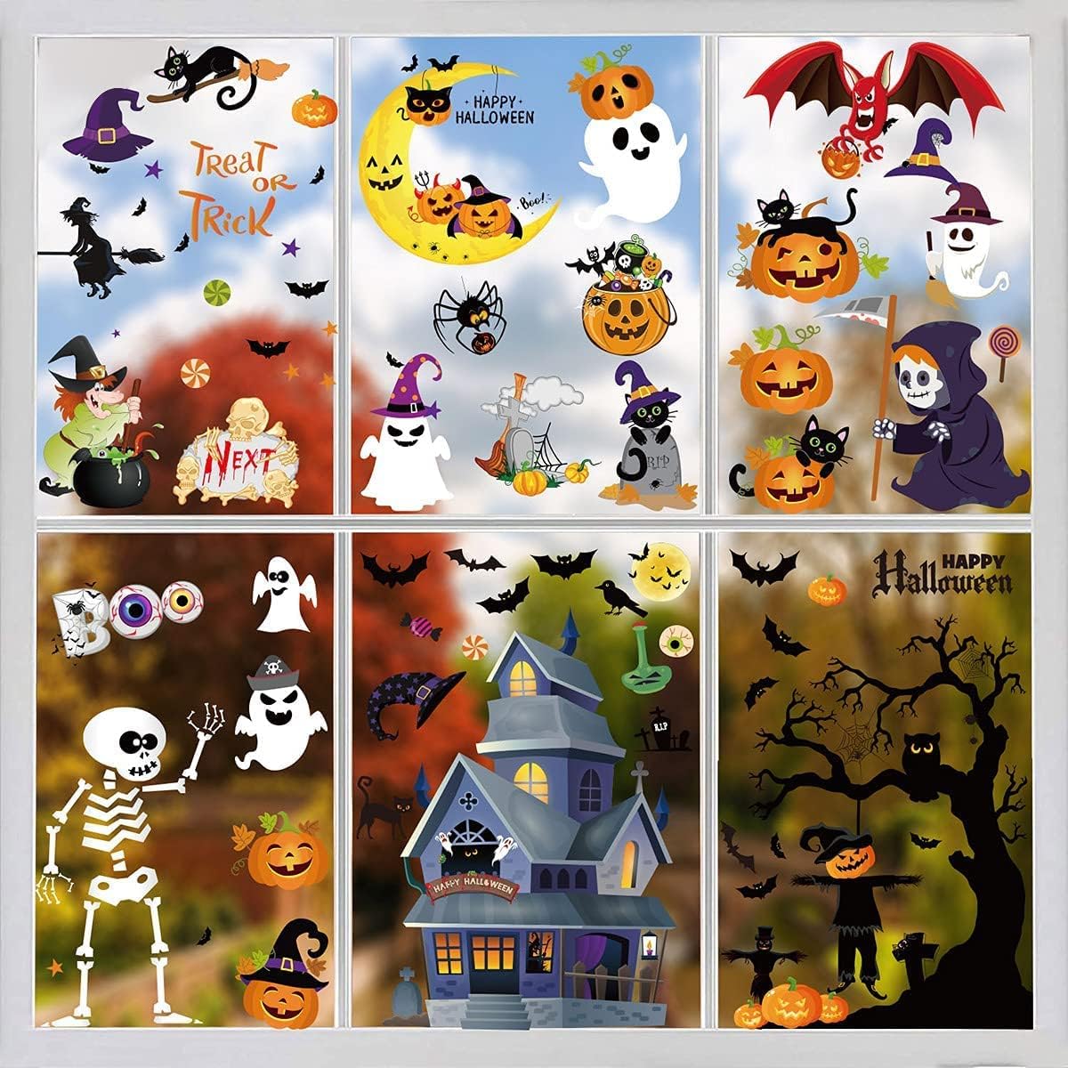 12 Sheets Halloween Glass Window Clings Pumpkin 446 pcs Double-Side Removable Halloween Window Stickers Decals for Halloween Party Decorations