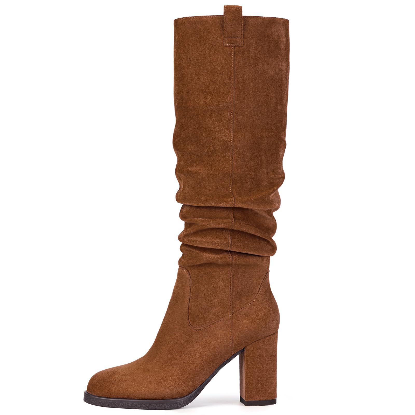 Suede Knee High Boots for Women - Tall Chunky High Heel Dress Boot with Side Zipper, Round Toe Ruched Slouch Block Long Boots for Ladies, Stylish Fall Boot for Work, Party & Everyday Wear-image-20