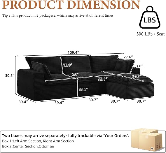110 Cloud Sectional Couch for Living Room,Boneless Couches with Ottoman,Upholstered Modular Sectional Sofa with L Shaped (Black, 3 Seater + 1 Ottoman)
