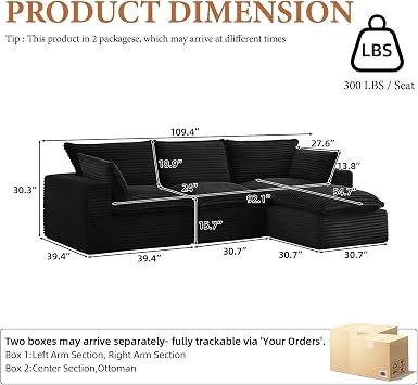 110 Cloud Sectional Couch for Living Room,Boneless Couches with Ottoman,Upholstered Modular Sectional Sofa with L Shaped (Black, 3 Seater + 1 Ottoman)