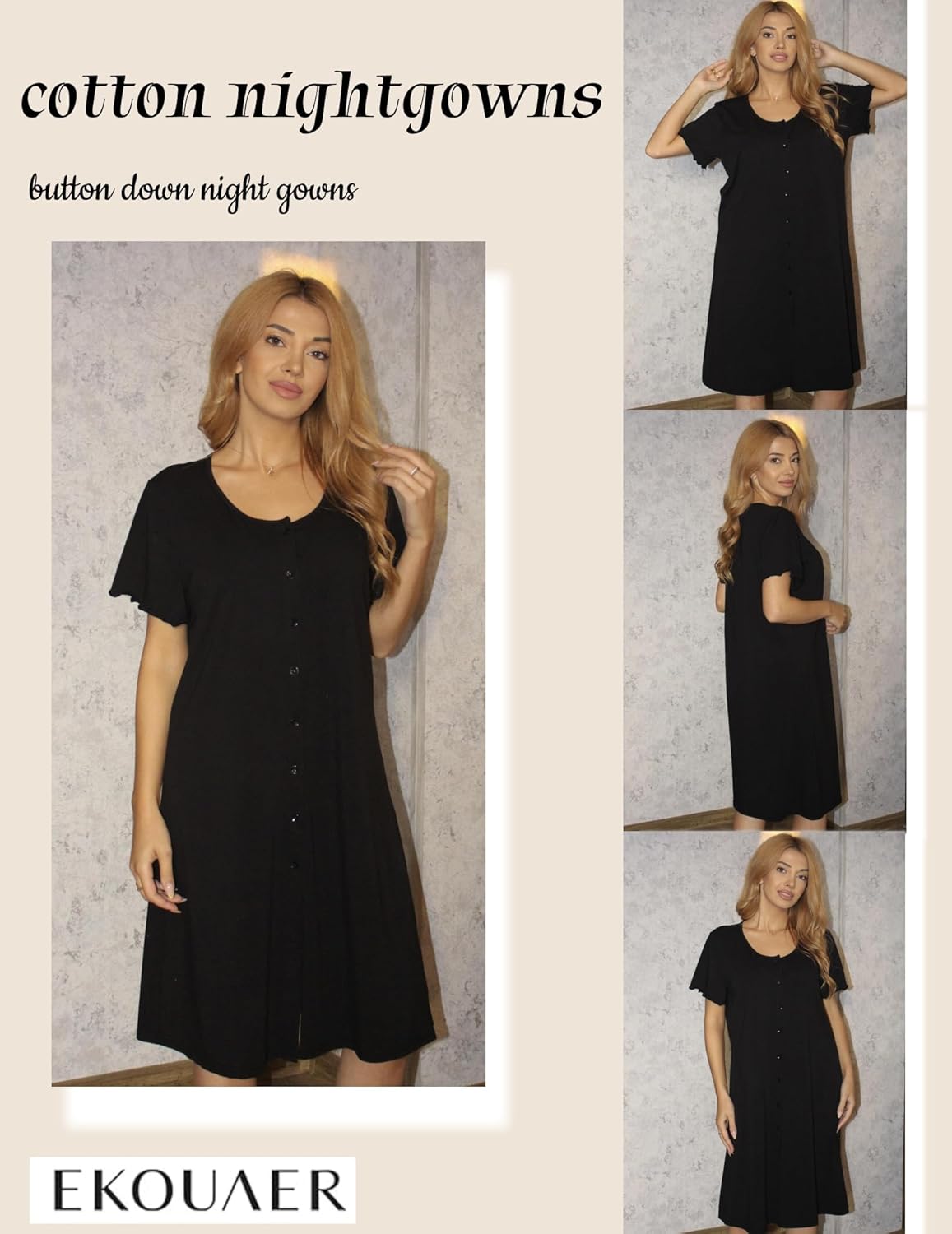 Ekouaer Womens' Cotton Nightgown Ladies Short Sleeve Sleepshirt V Neck Button Down Night Gowns Casual House Dress - Image 6