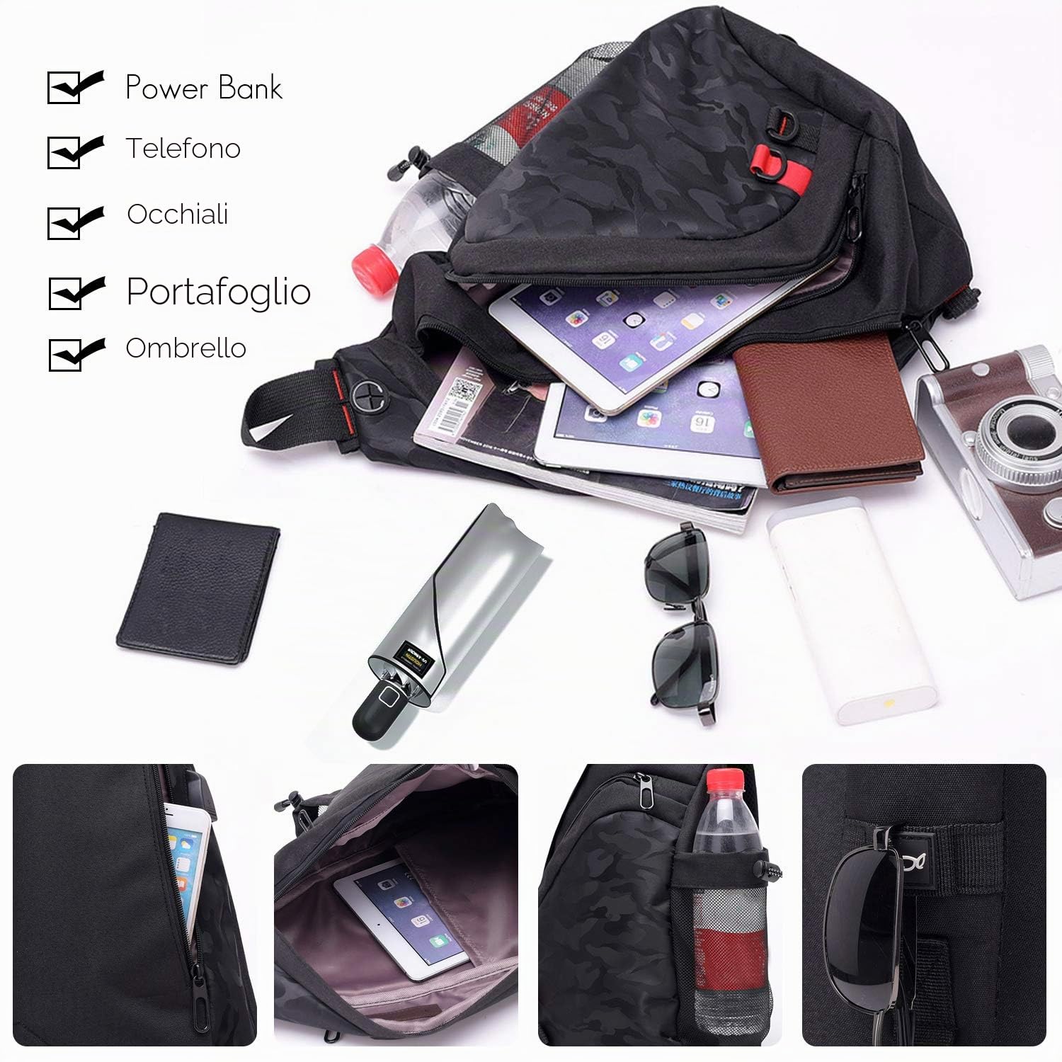 FANDARE Leggero Zaino Monospalla Sling Bag Borsa a Spalla Uomo Donna Borsello a Tracolla con USB per Scuola Outdoor Sportiva Ciclismo Viaggio Hiking Camping Crossbody Backpack Durevole Poliestere